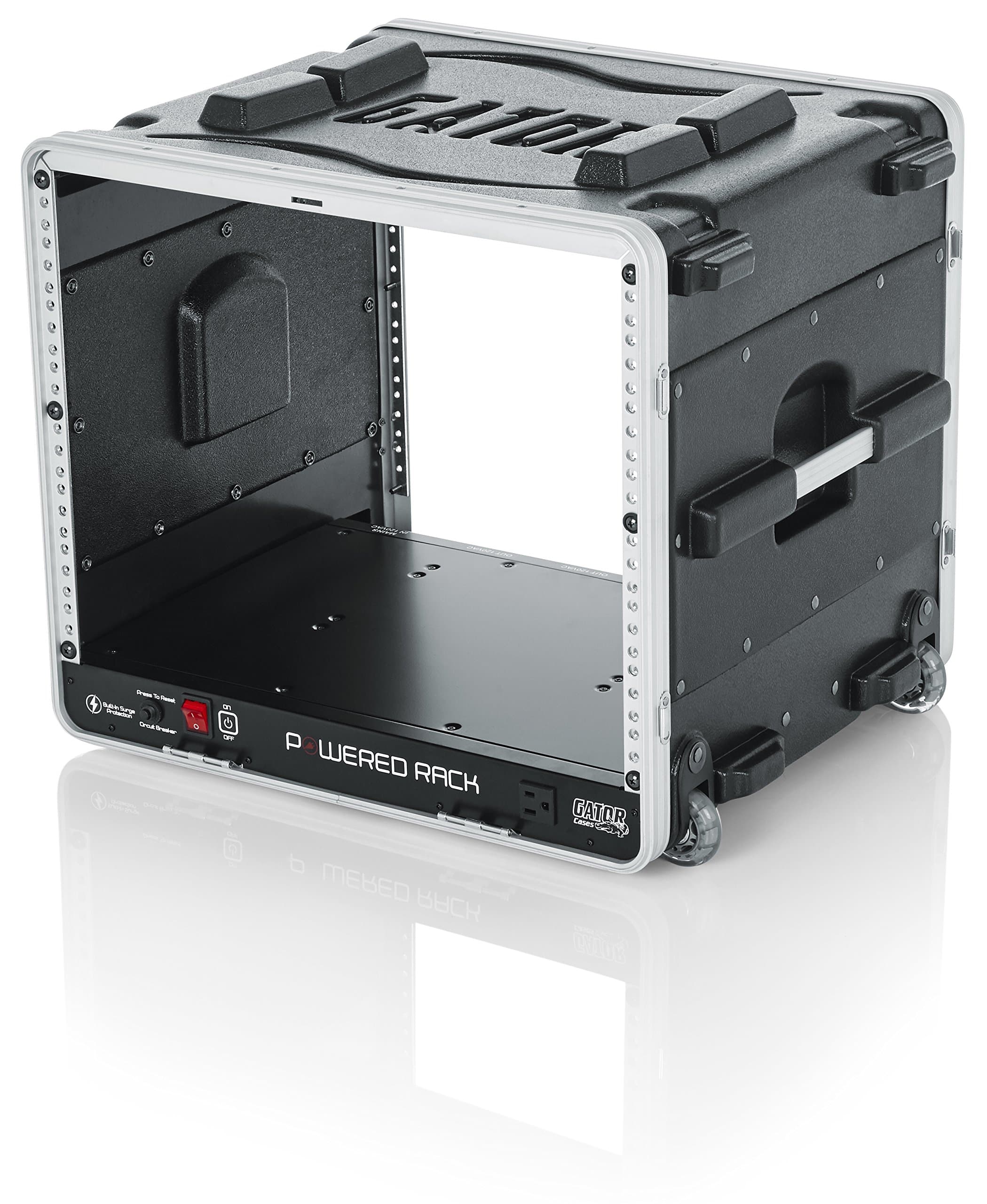 GatorLightweight Molded 8U Rack Case with Built-in Power Supply, Heavy Duty Latches, Retractable Tow Handle, and Recessed Wheels, 19.25' depth, (GRR-8PL-US)