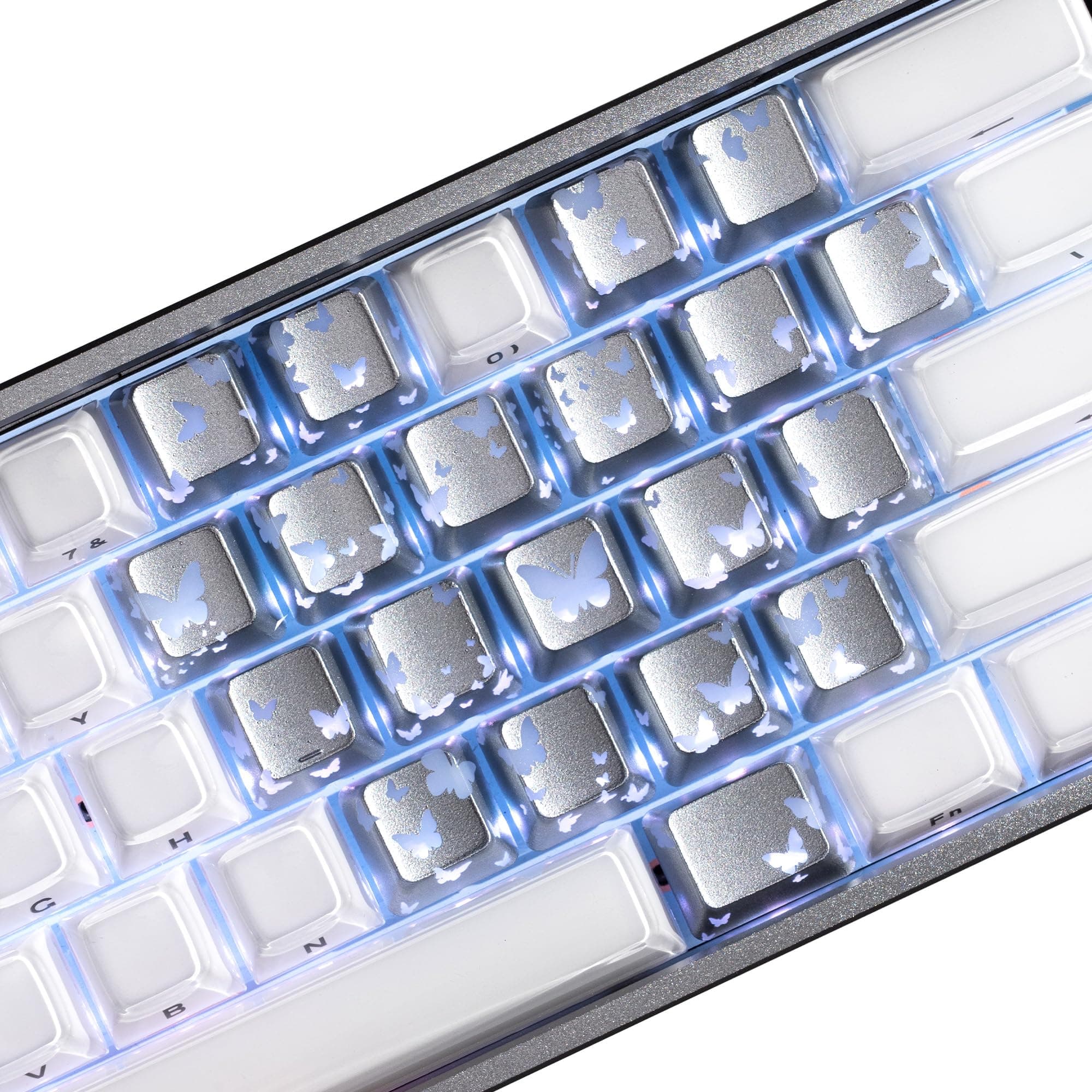 HITIME XVX Butterfly Shine Through Keycaps, Love Theme Cute Custom Keycaps, Blank OEM Profile IMD Translucent Keycap, Anime Style, for MX Switches Mechanical Keyboard, Silver(Only 21 Keys