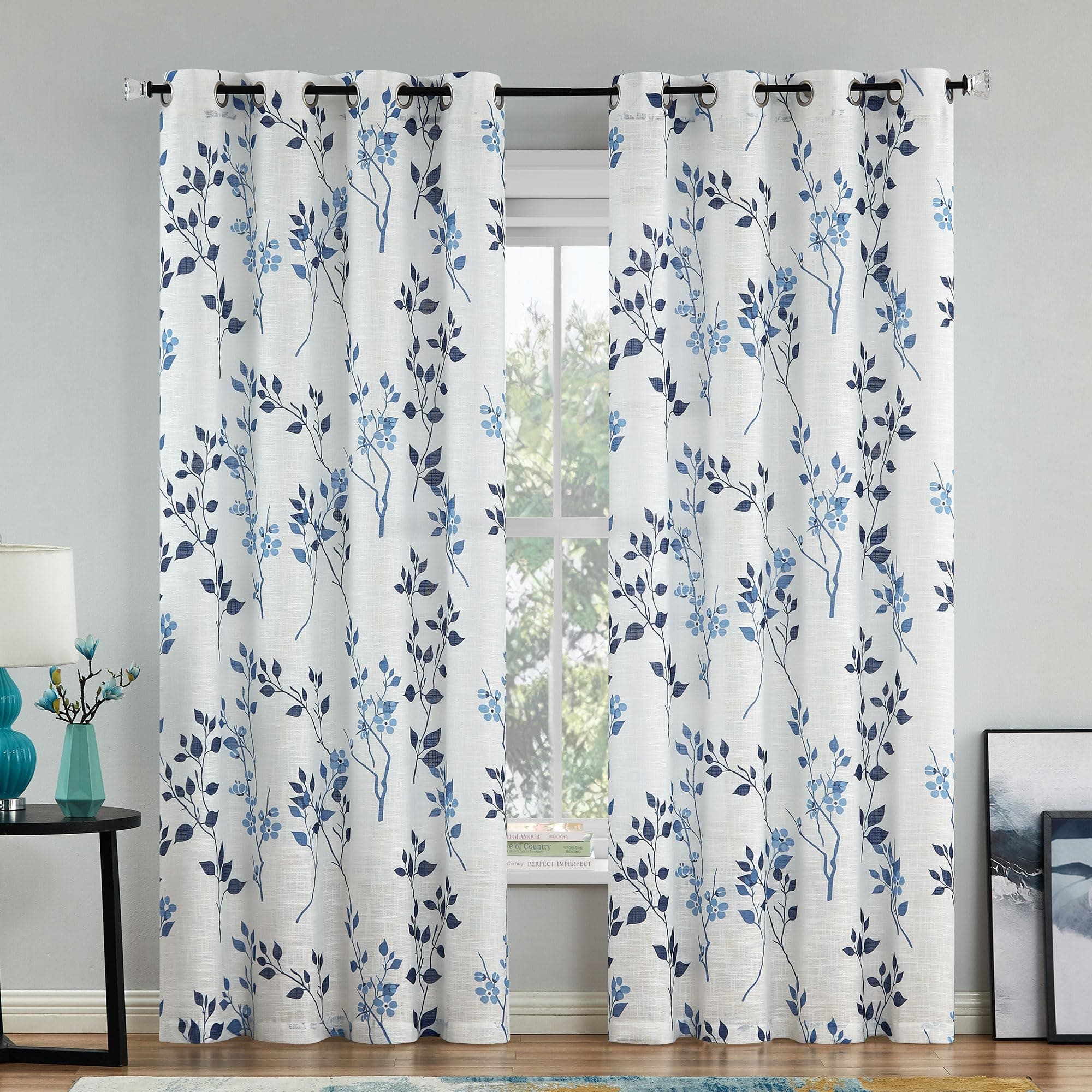 Beauoop Floral Linen Semi Sheer Curtains 108 Inches Long 2 Panels for Living Room Bedroom Blue Navy Farmhouse Flower Patterned Light Filtering Textured Grommet Top Window Treatments Drapes, 50x108