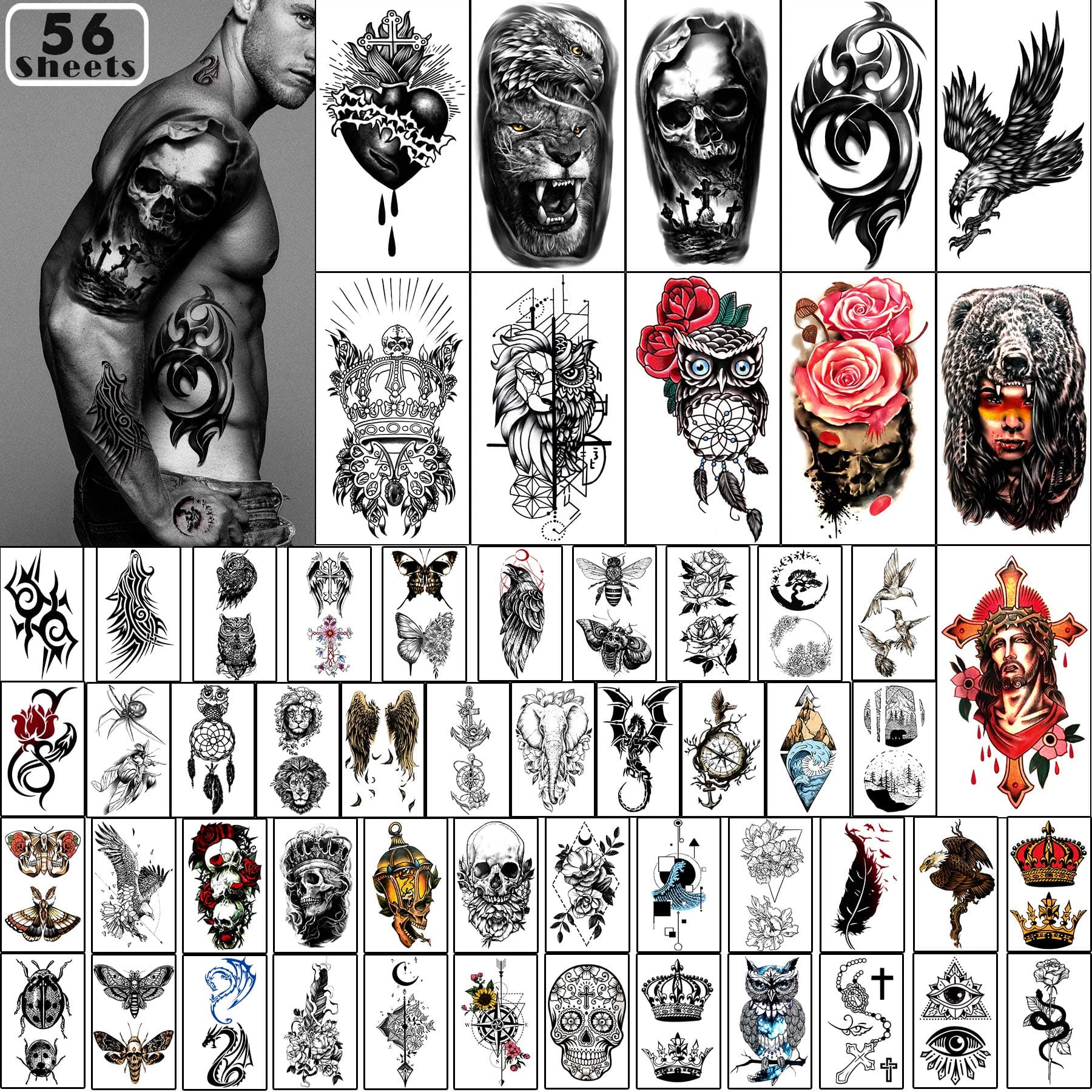 Yazhiji 56 Sheets Temporary Tattoos Stickers 11 Sheets Half Arm Shoulder Tattoos for Men or Women with 45 SheetTiny Fake Tattoo