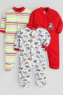 EIO 100% Cotton Baby Rompers Sleepsuits Jumpsuits Night Suits for Newborn Baby Boys & Girls | Soft Infant Bodysuit | Pack of 3 Kids Rompers