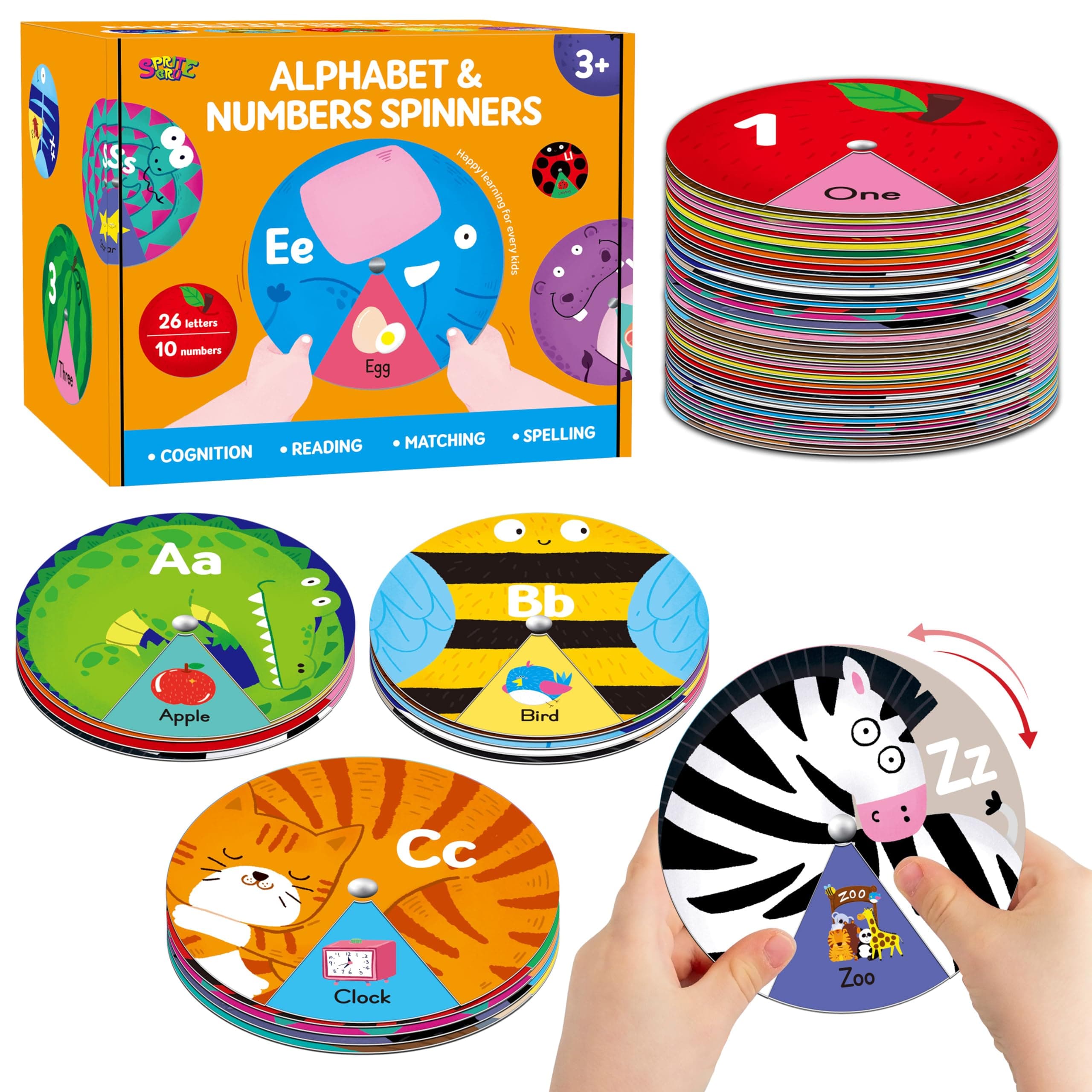 Alphabet Learning Toy, ABC Letters, Numbers, Animals Sight Words, Spinning Game 36 PCS Montessori Educational Round Cards for Toddlers, Kids 3-5