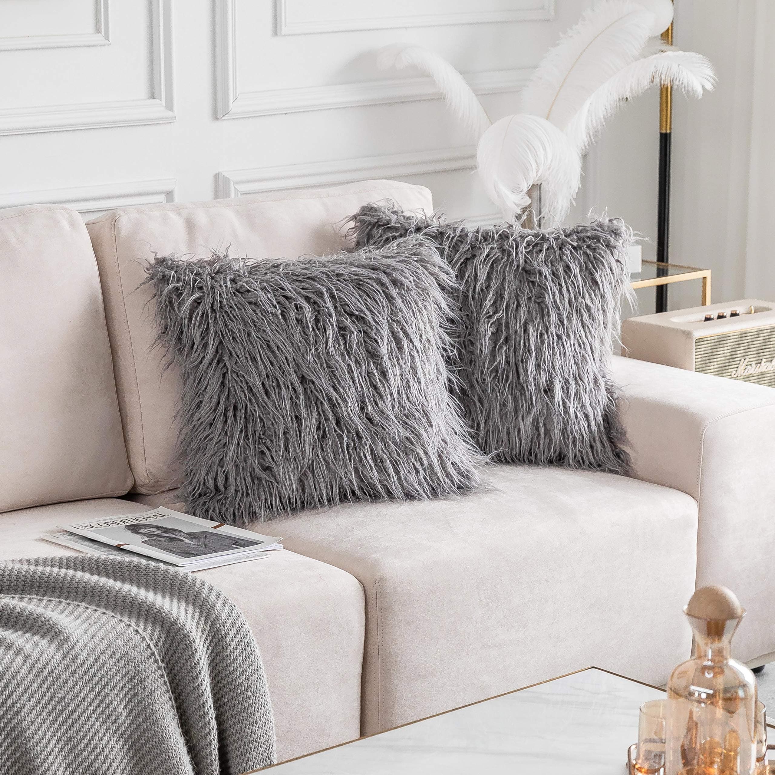 Home Brilliant Furry Pillows Decorative Throw Pillows Set of 2 Throw Pillow Case Mongolian Faux Fur Cushion Cover 20x20 inches, 50cm x 50cm, Dark Grey