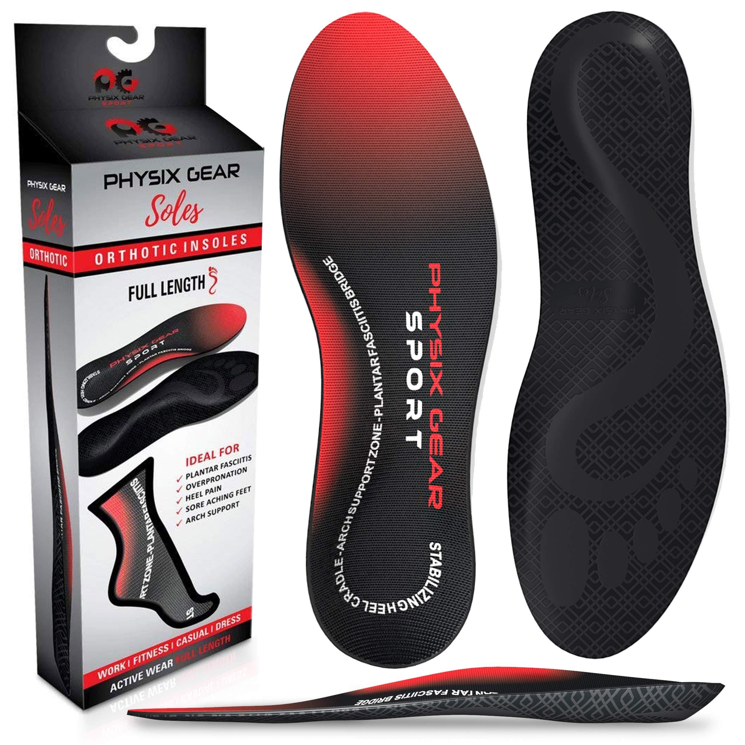 Physix Gear Sport Full Length Orthotic Inserts with Arch Support - Best Shock Absorption & Cushioning Insoles for Plantar Fasciitis, Running, Flat Fee - XS - Red/Black (1 Pack)