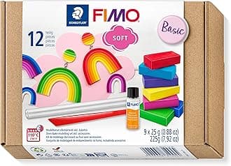 8023 10 FIMO Soft Oven-Hardening Polymer Modelling Clay - Starter Kit, Assorted Colours (Pack of 9 x 25g Half Blocks & Accessories)