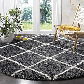 Modern Anti Slip Round Shaggy Fluffy Fur Rug and Carpet for Living Room, Bedroom (6x6 Feet Round, Dark Grey & Ivory)