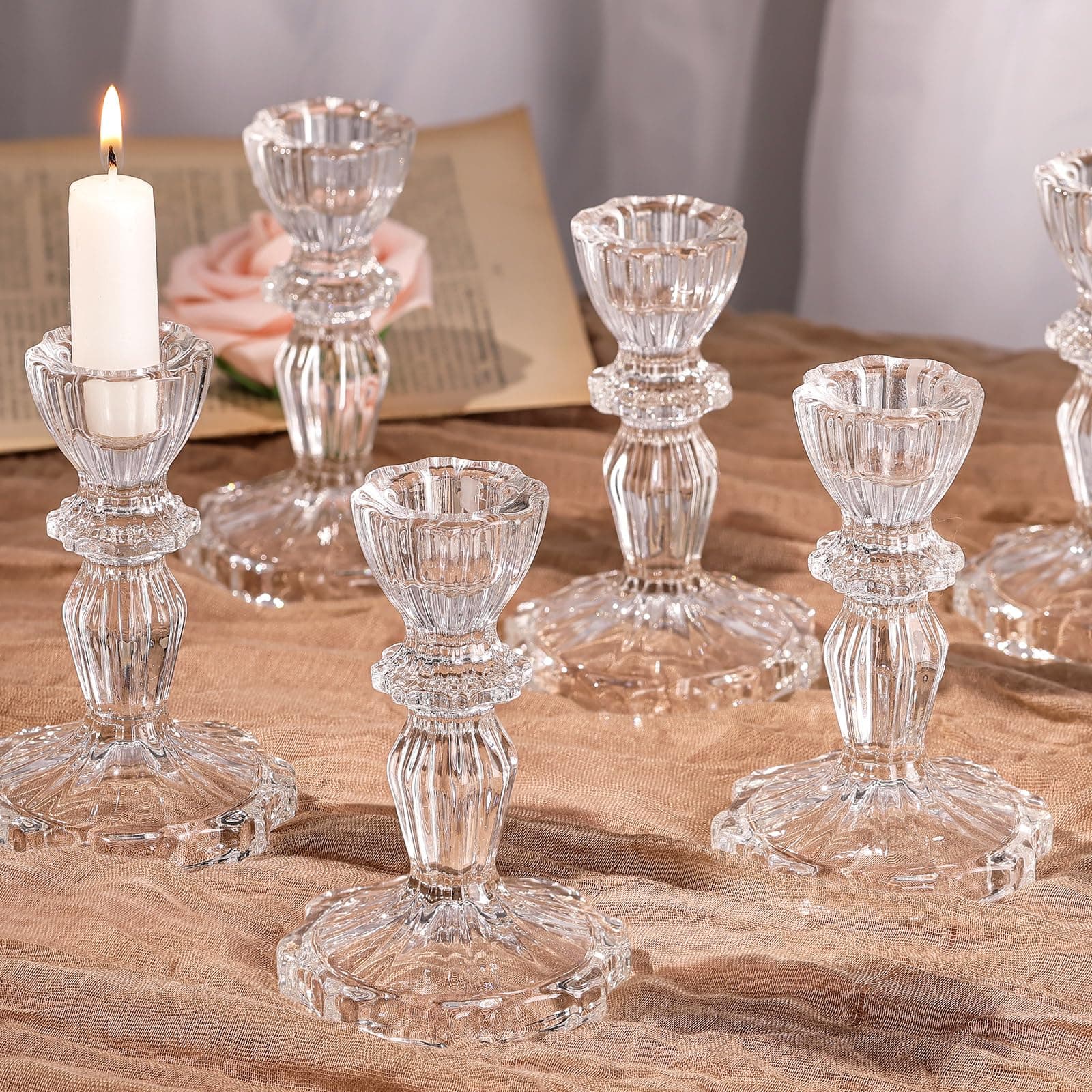 Glass Candlestick Holders Set 6PCS, Clear Taper Candle Holders Bulk, Crystal Tall Candle Holder for DIY Wedding, Festival, Party, Table Decor