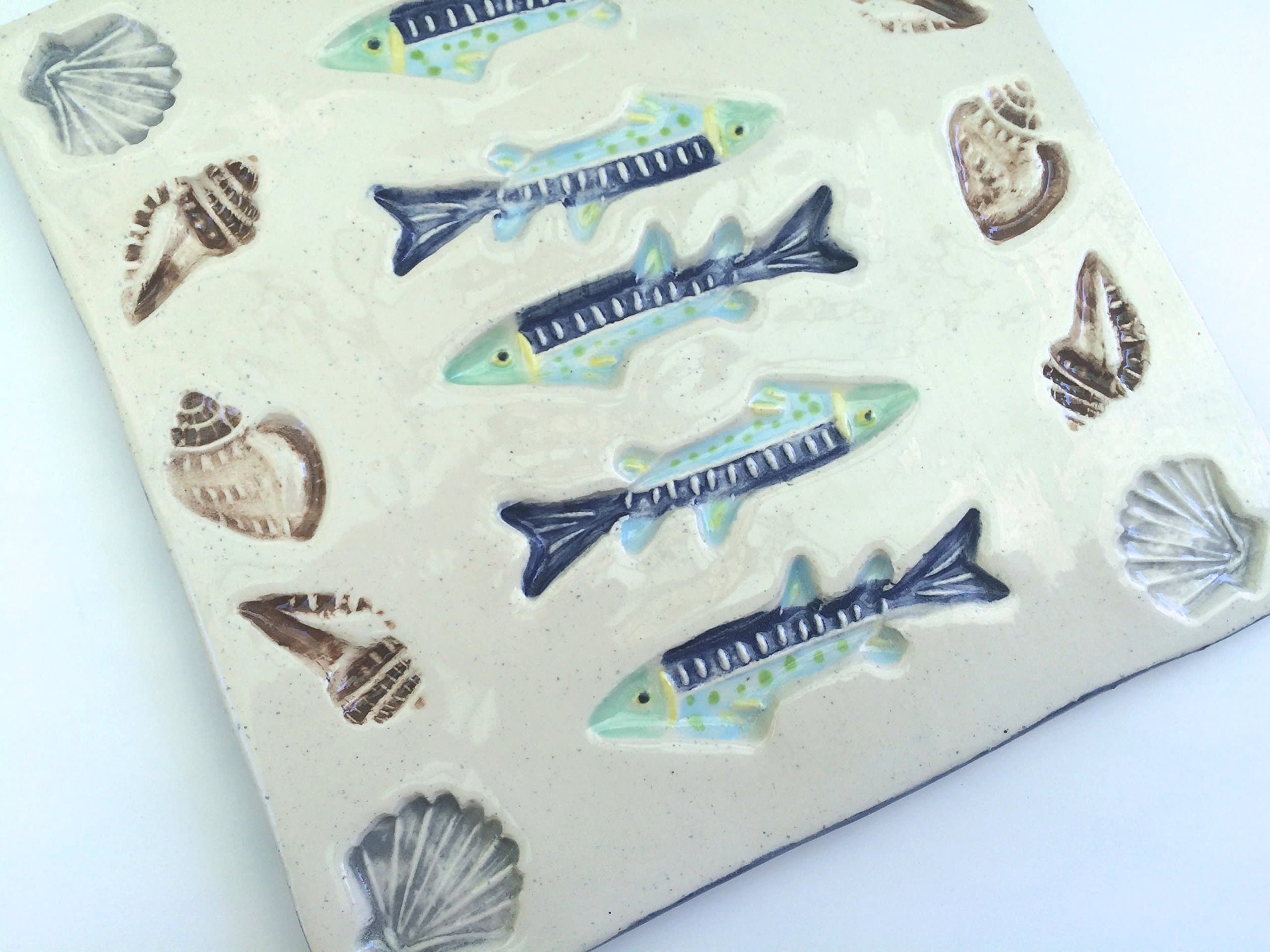 Seashells and School of Fish Handmade Ceramic Art Tile