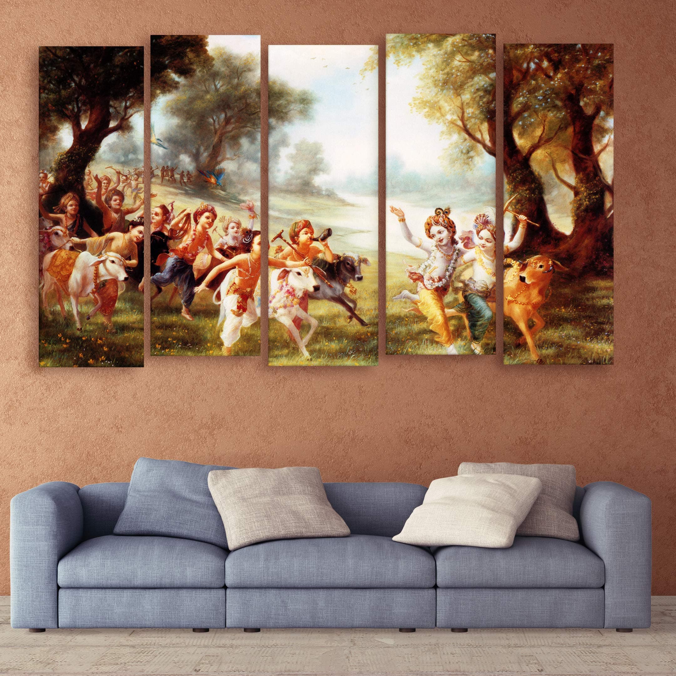 CasperMe Multiple Frames | Krishna Balram Playing Wooden Framed Art Panels | | 7Mm Board Ready To Hang | Digital Wall Painting (148Cm X 76Cm)