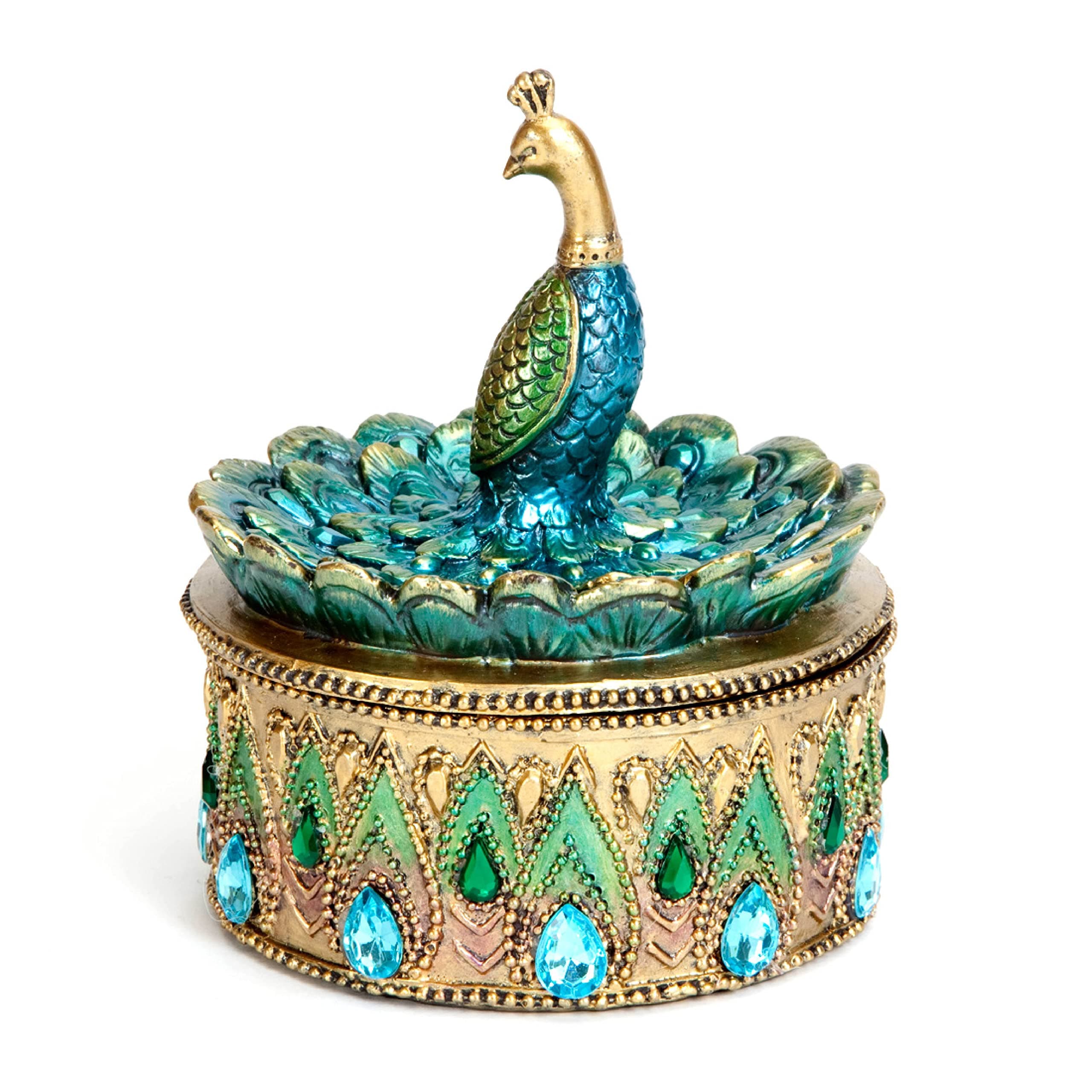 Bits and Pieces Peacock Jewelry Box for Women Small Keepsake Box with Peacock Figurine Lid - Decorative Boxes for Home Decor