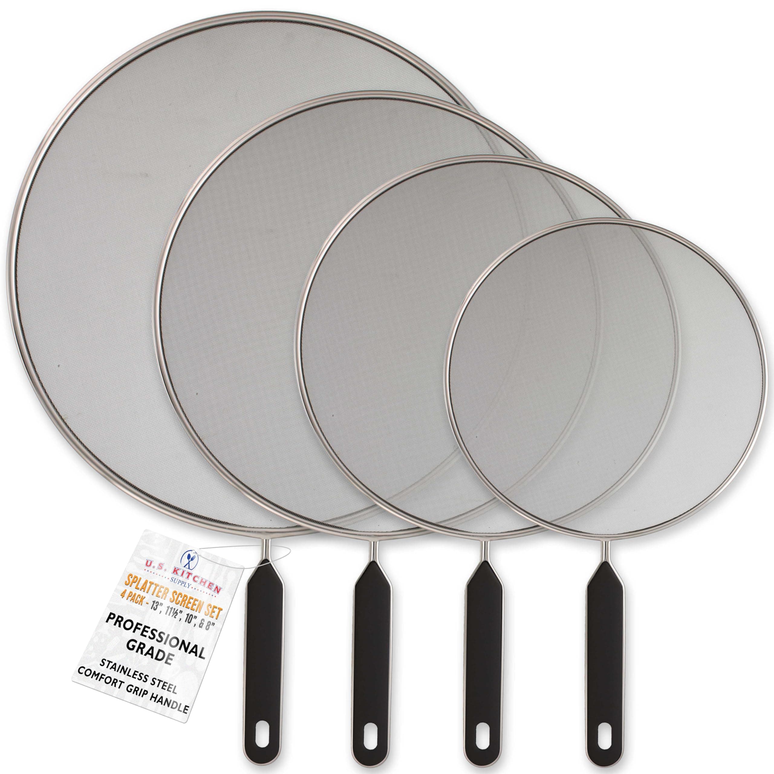 U.S. Kitchen Supply 4-Piece Stainless Steel Splatter Guard Set (13", 11.5", 10",8”) Fine Mesh Cover, Grease & Oil, Splatter Screen for Frying Pan, Cooking Pots, with Comfort Grip Handles