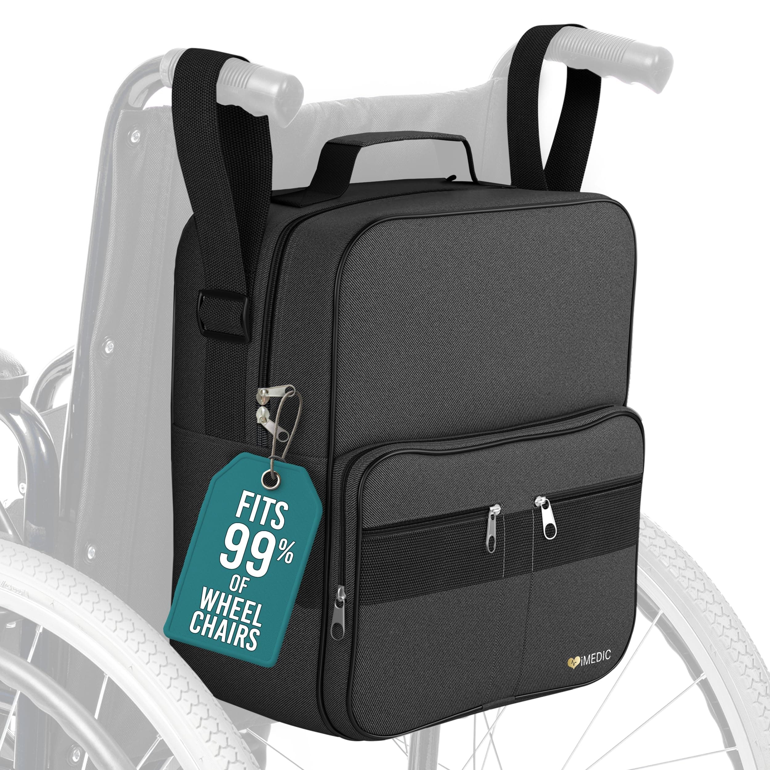 Deluxe Wheelchair Bag – Storage Backpack for Adults – Hangs Securely on Wheelchair Back – Organiser for Mobility & Electric Wheelchairs – Black