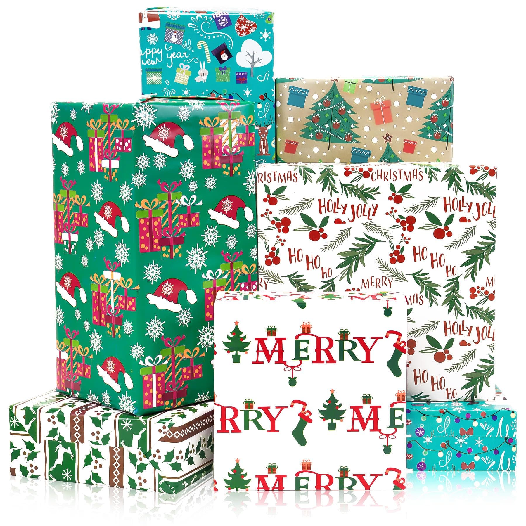 Rancco Christmas Wrapping Paper Sheets for Holiday,6 Designs Gift Wrap w/Christmas Hats, Santa Claus, Snowmen, Reindeer, Merry Xmas Ornament for Adults Kids, Folded, 27.5x19.7in