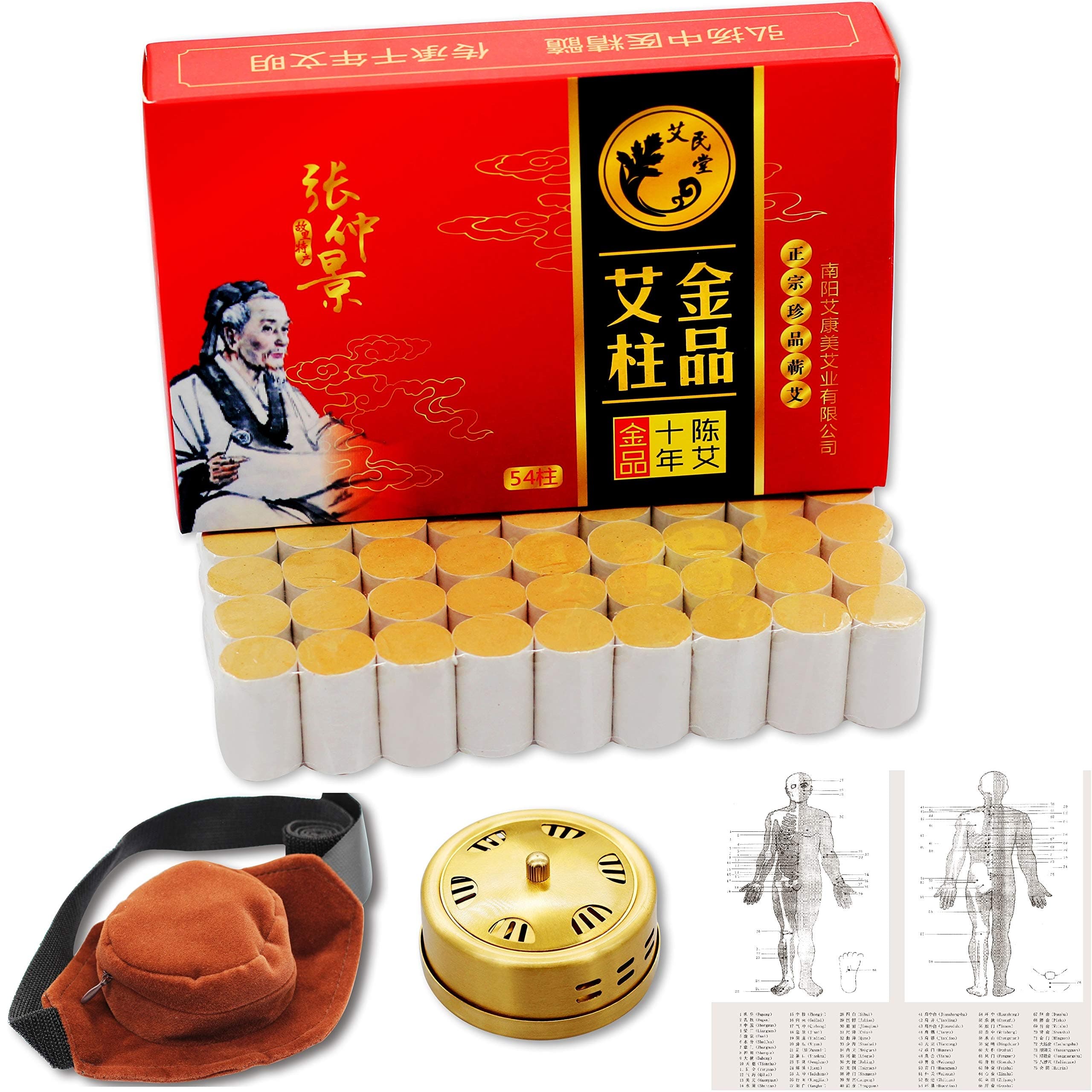 10-Years Purity 60:1 Ratio 54 Rolls Sticks Pure Moxibustion + 1 Copper Portable Smokeless Mugwort Moxibustion Moxa Box Round Shape Burner+1 Acupoint Map艾灸柱 艾柱带铜盒穴位图