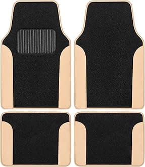 Two-Tone Carpet Car Floor Mats with Faux Leather Accents, Automotive Floor Mat Set with Built-in Heel Pad, Stylish Interior Car Accessories (Beige)