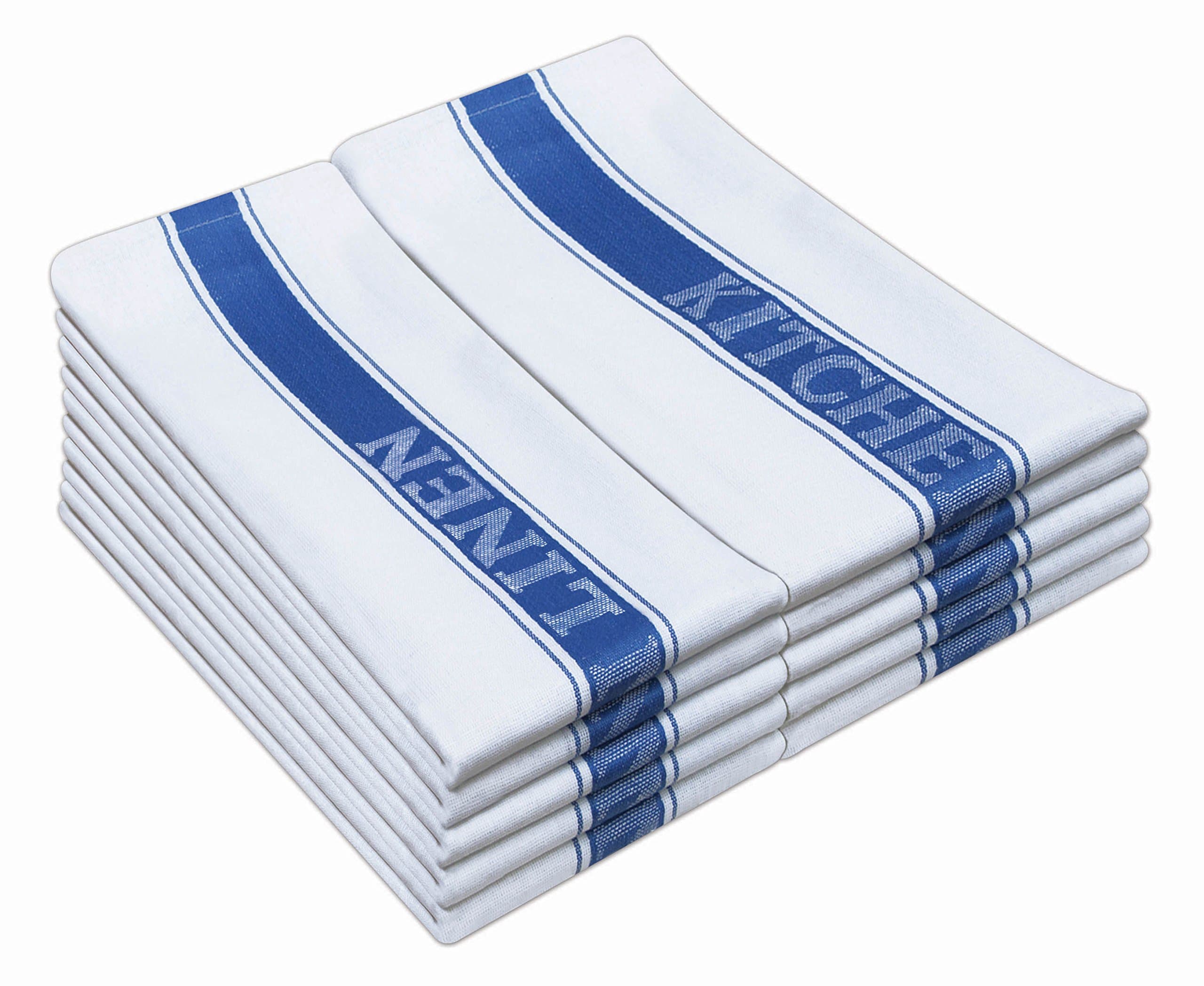 QCS Chef Classic Kitchen Towels, 100% Pure Cotton Dish Drying Towels, Extra Large Dish Cloths 50.80cm x 76.20cm (20" x 30") White with Blue, Green or Red Catering Kitchen Linen Stripe (12-Pack, Blue)