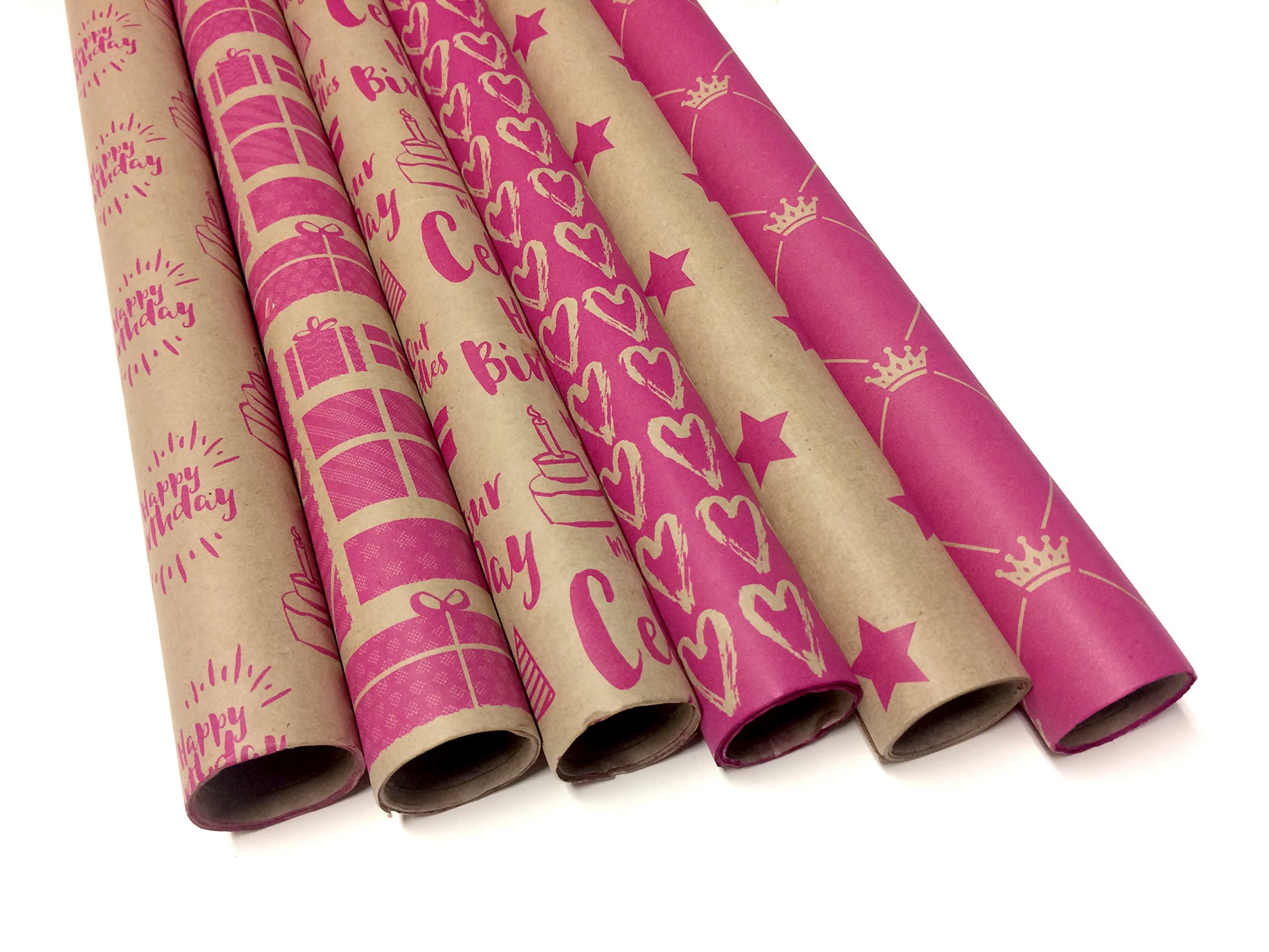 Note Card Cafe Bella Kraft Valentine's Day and Birthday Wrapping Paper | Pink, 6 Pack | 30 x 120 inch Rolls | Valentines, Baby Showers, Gifts, Holidays, Birthday | Recyclable, Biodegradable