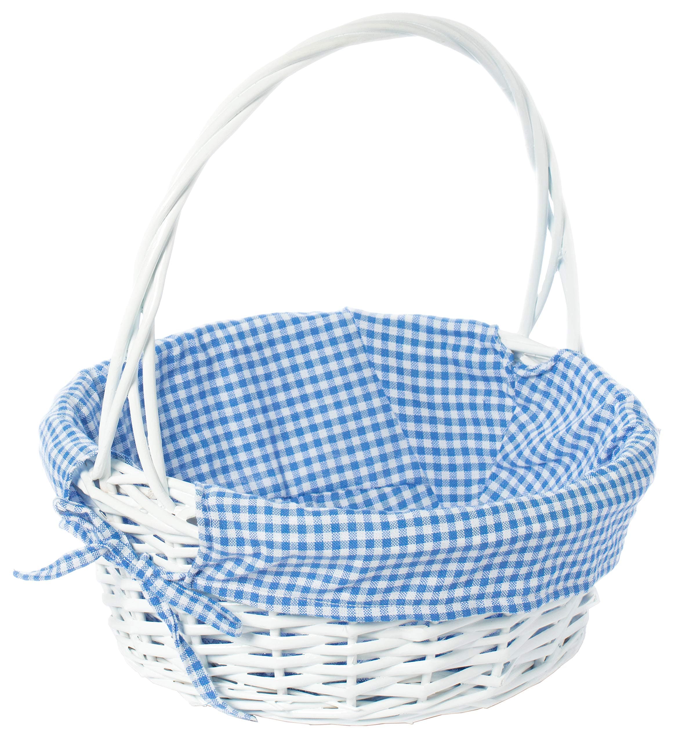 White Round Willow Wicker Gift Basket with Blue Gingham Liner & Handle, Medium – Decorative Foraging, Picnic, Storage Basket