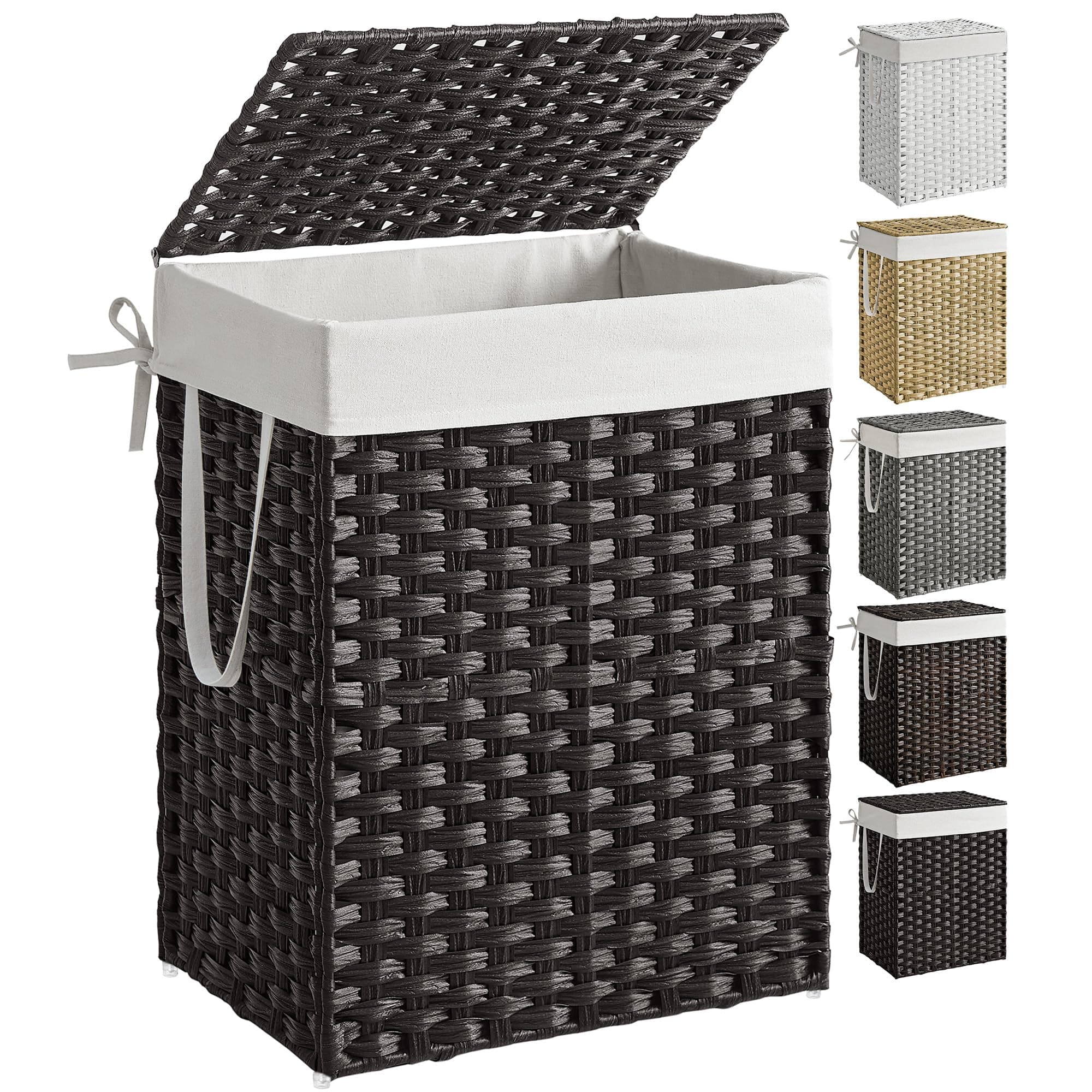 SONGMICS Laundry Hamper with Lid, 23.8 Gallon (90 L) Synthetic Rattan Clothes Laundry Basket with Lid and Handles, Foldable, Removable Liner, Black ULCB51BK
