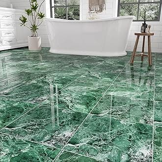 30-Pack 30 Sq.Ft Peel and Stick Floor Tiles Vinyl Polish Pattern Flooring, 12” x 12” Self Adhesive Vinyl Flooring DIY for Kitchen, Bathroom, Laundry, Polish Green Marble