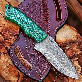 Fixed Blade Damascus Steel Hunting Knife, 9'' Full Tang with Leather Sheath, Non-Slip Wooden Handle, Camping Knife (GREEN)