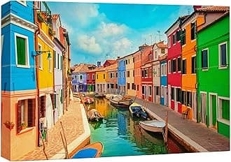 wall26 Canvas Print Wall Art Vibrant Neon Venice Italy Canal Homes Nature Wilderness Photography Realism Rustic Scenic Landscape Earth Panorama Colorful for Living Room, Bedroom, Office - 24"x36"