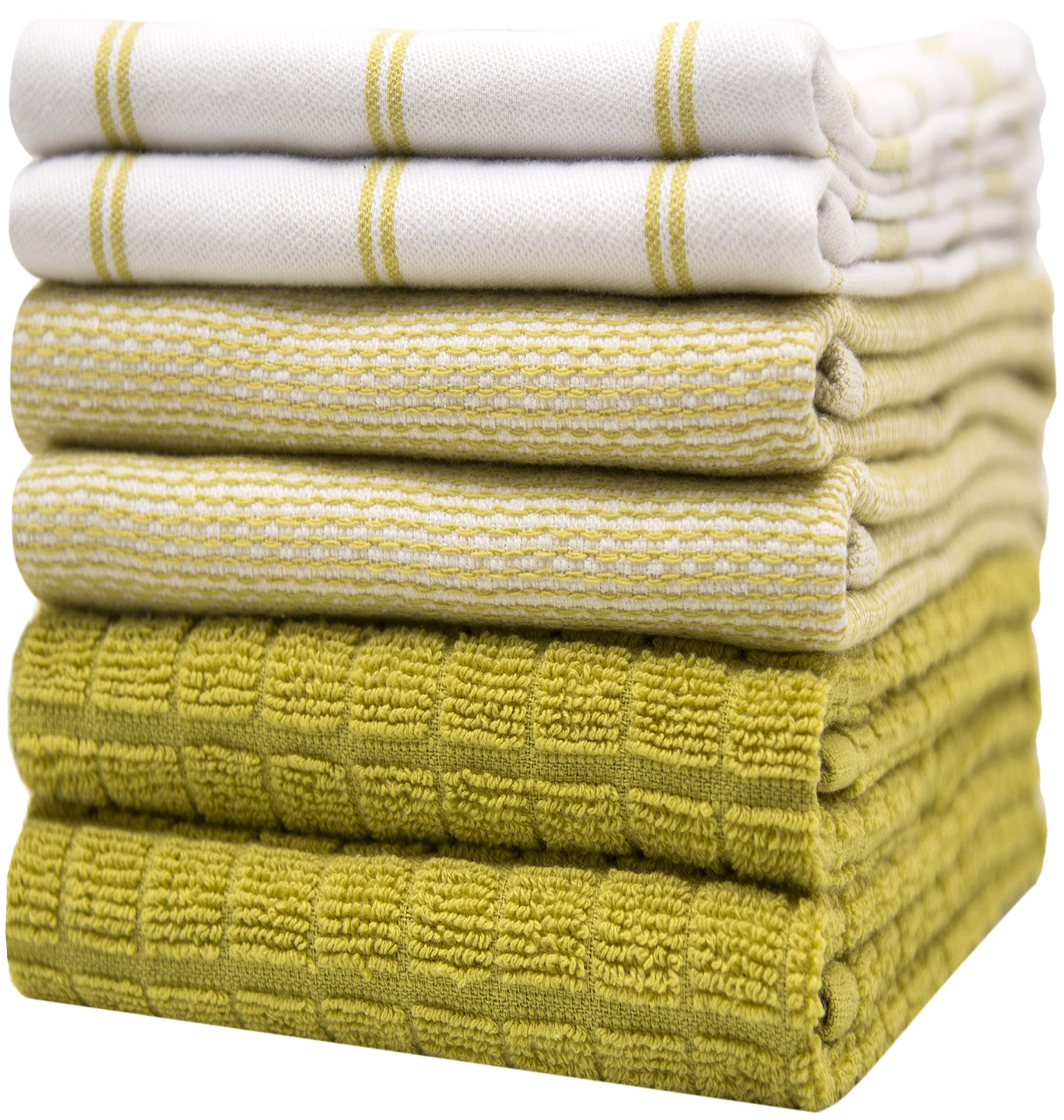 Premium Kitchen Towels (20”x 28”, 6 Pack) | Large Cotton Dish Towels | Flat & Terry Highly Absorbent Kitchen Linen Set with Hanging Loop | Lime Green Check