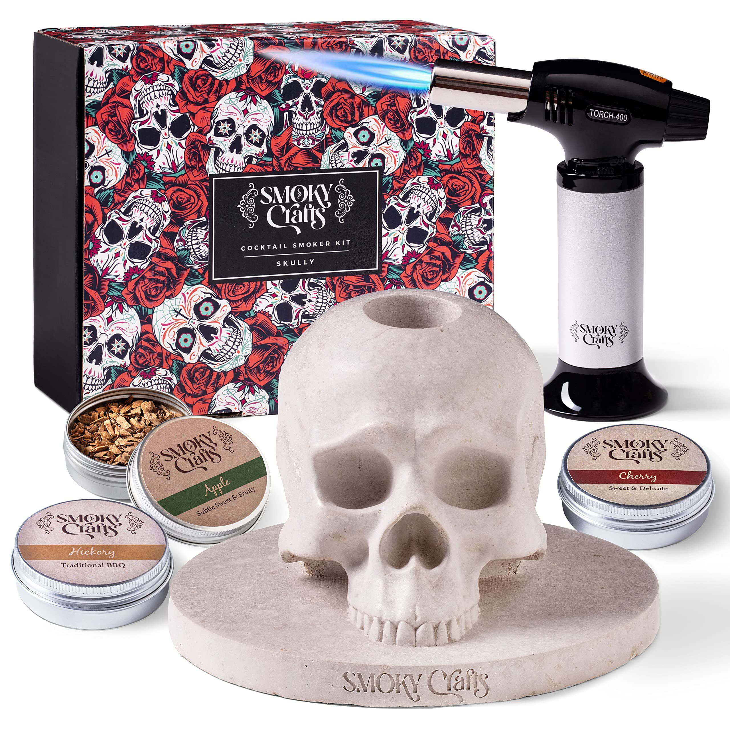 Whiskey Smoker Kit with Torch - Old Fashioned Smoker Kit comes with Skull-Shaped Smoke Infuser, Culinary Torch and Wood Chips (Apple, Cherry, Hickory) - Gifts for Men (Without Butane)