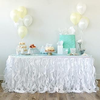 BLUEKATE Sequined White Tutu Table Skirt 6ft with Double Organza and Two Trims Party, Christening, Bridal Shower Decorations and Wedding Decoration. Table Skirts for Rectangle Tables