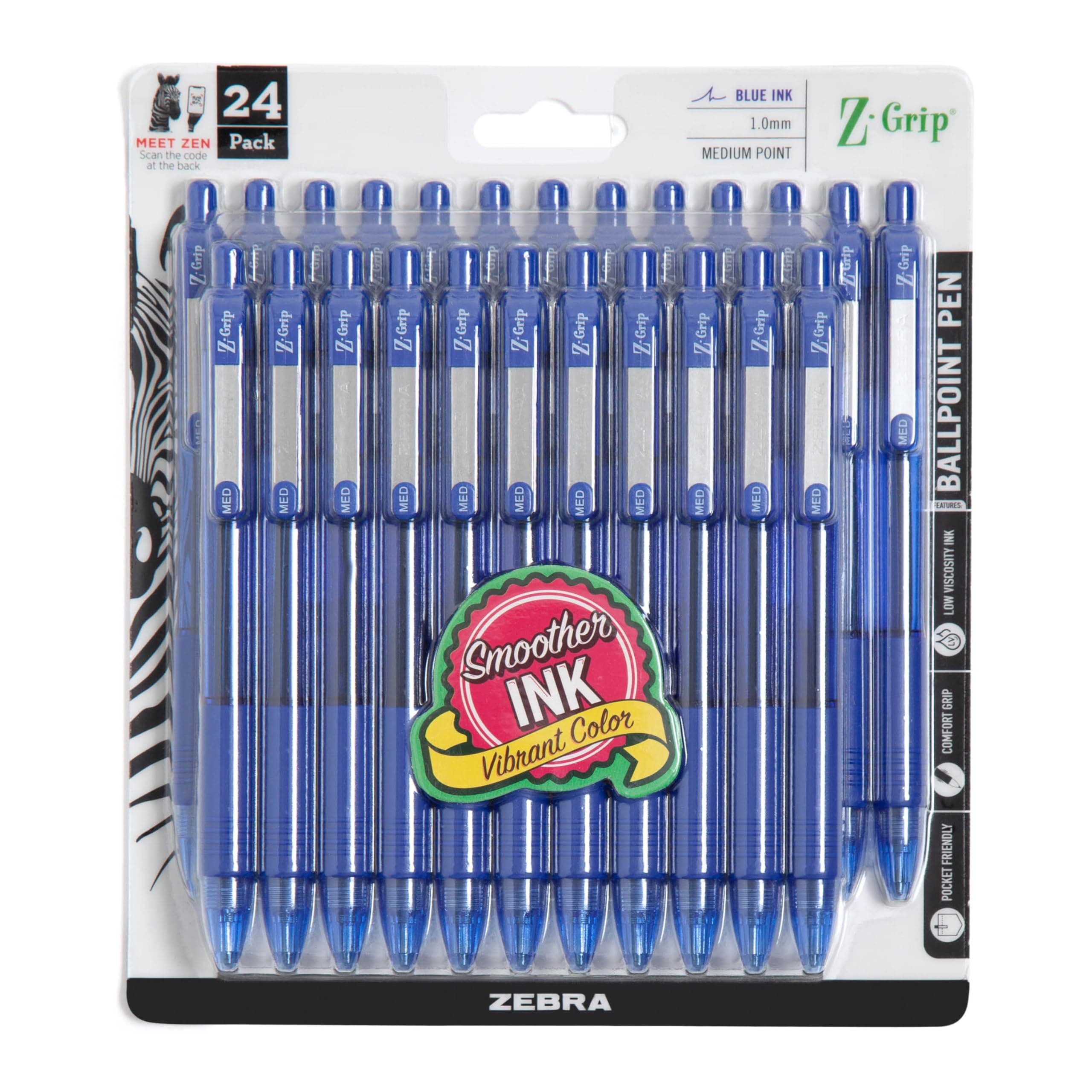 Z-Grip Retractable Ballpoint Pen, Smooth-Flowing Blue Ink, 1.0mm Medium Point, School & Office Supplies, Ideal for Note-Taking, Journal and Planner Use, 24-Pack (12225)