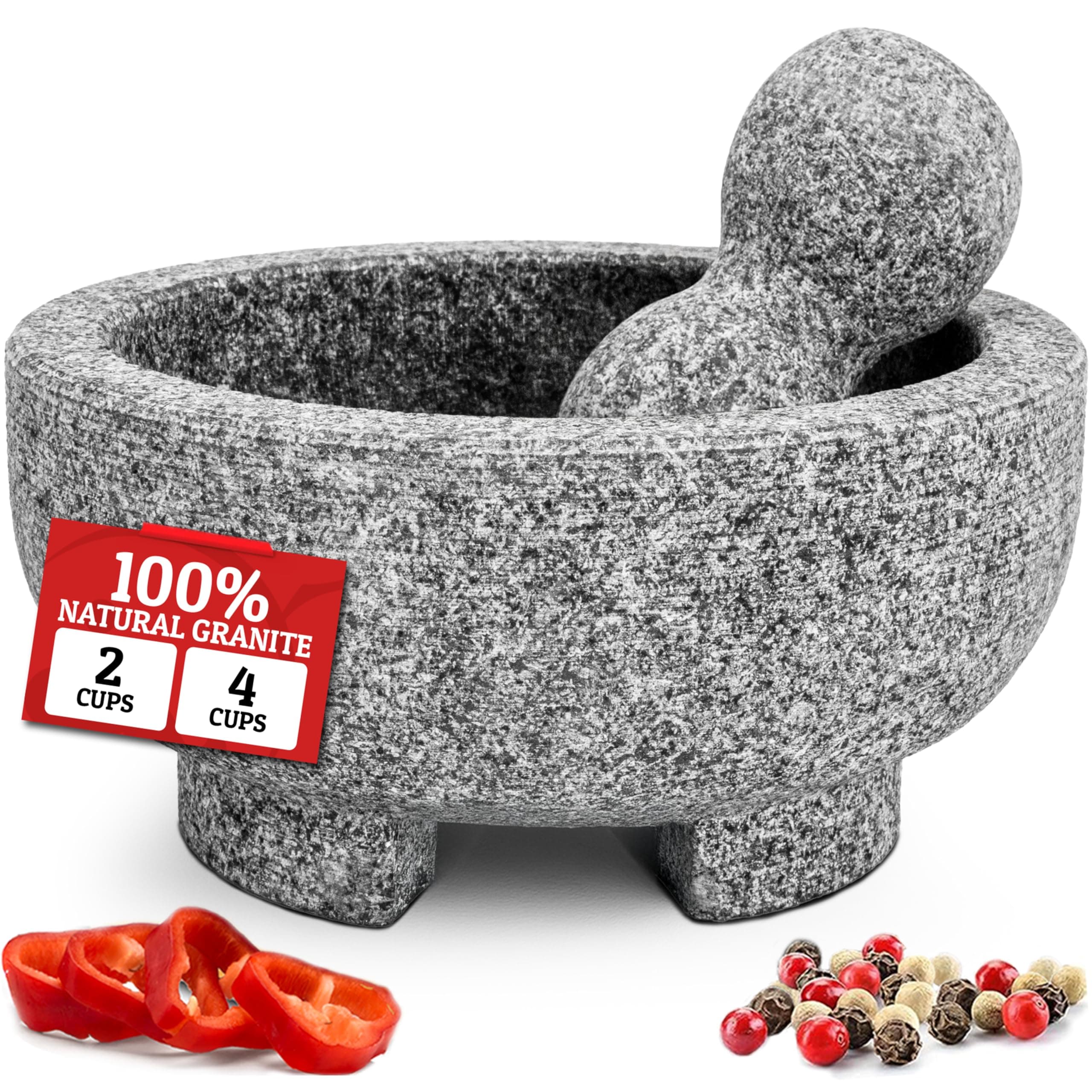 PriorityChef Granite Mortar and Pestle Set - 8 Inch Natural Stone Molcajete Mexicano for Spices, Seasonings, Pastes - Pestle and Mortar Bowl for Fresh Guacamole, Salsa, Pesto, Large, Grey