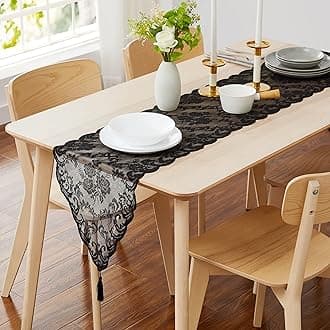 LINENZONE Black Table Runner with 2 Tassels for Rustic Vintage Decor. Lace Table Runner Works Great As Wedding Table Runner, Thanksgiving Table Runner, Christmas Table Runner (Mia 14 x 48, Black)
