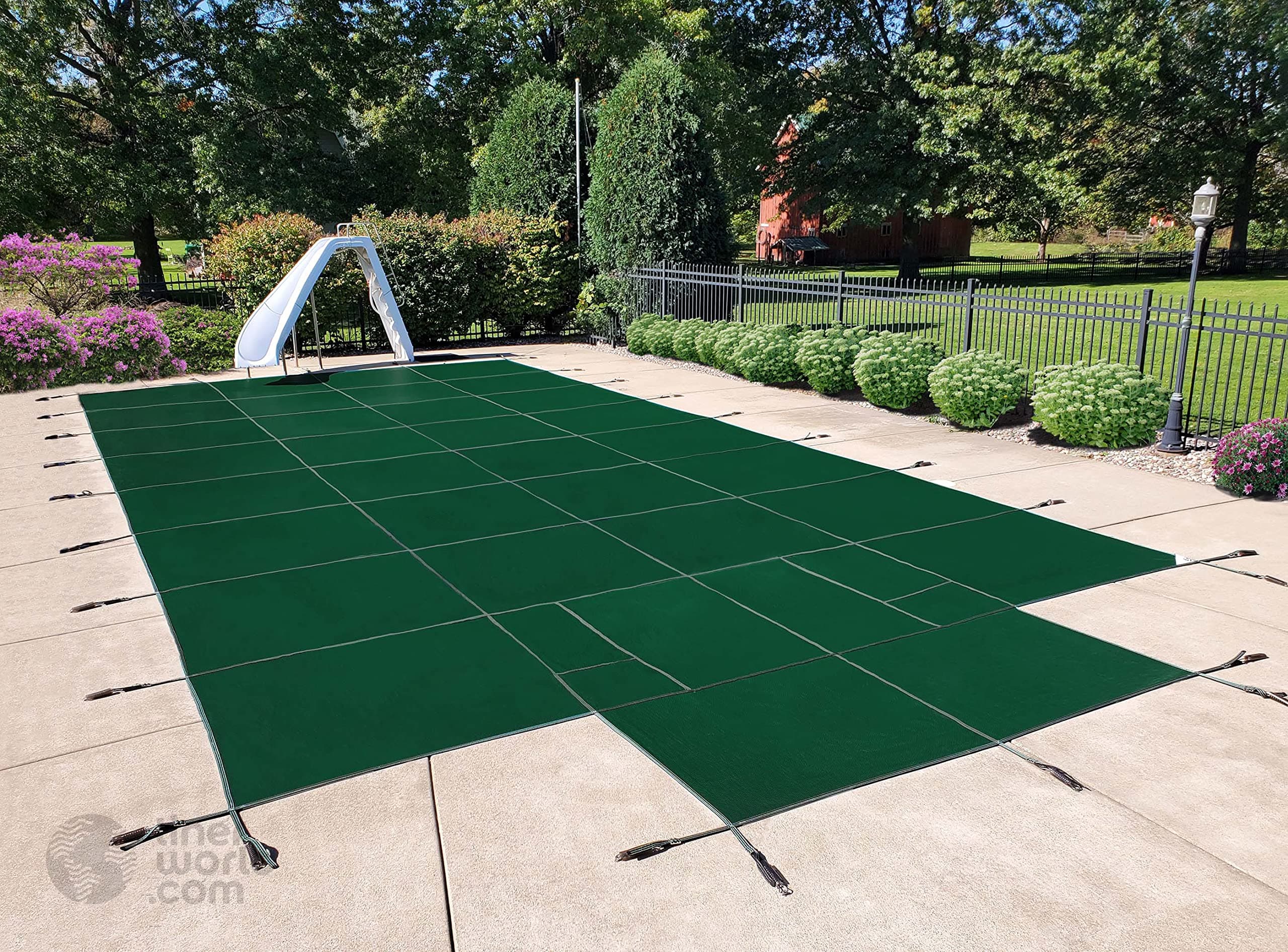 Winter Warrior Mesh Inground Safety Pool Cover - for Pool Sizes: 16'x32, 18'x36', 20'x40' - Blue or Green with Optional Center End Step (18'x36' with Center End Step, Hunter Green)