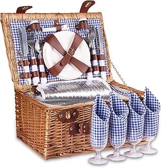 Picnic Basket for 4 Wicker Picnic Set with Insulated Liner for Camping,Wedding,Valentine Day,Gift - Reinforced Handle, Blue