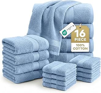 LANE LINEN 100% Cotton Premium Bathroom Towels Set - 16 Pieces - Ring Spun, Quick Dry, Super Soft & Highly Absorbent - 4 Bath, 8 Washcloths, 4 Hand Towels for Bathroom - Pre Shrunk - Cerulean Blue