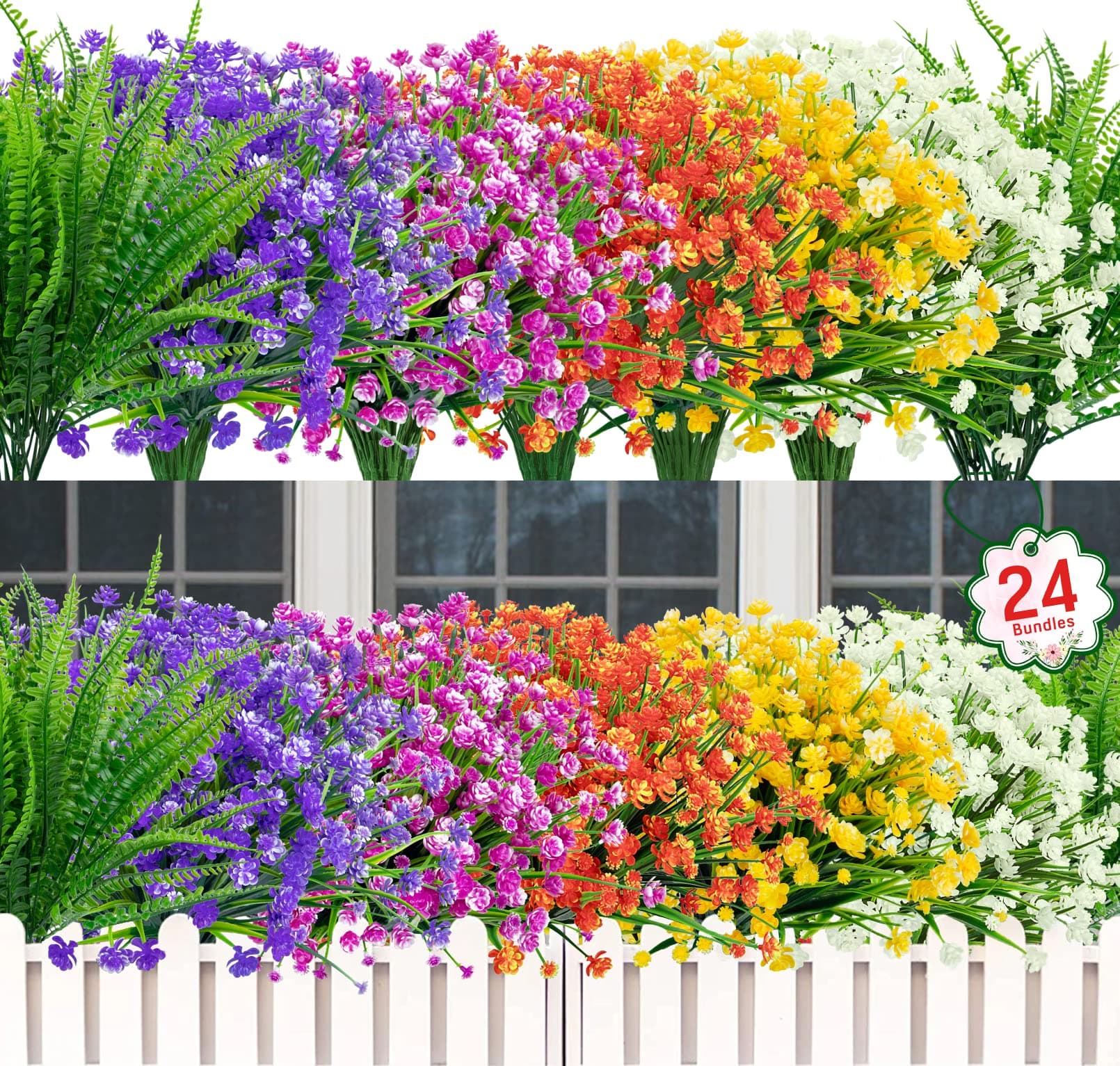 Ouddy Decor 24 Bundles Artificial Flowers for Outdoors UV Resistant Fake Plastic Plants Faux Boston Fern Greenery Stems for Spring Summer Indoor Garden Patio Window Box Kitchen Home Decor, Mixedcolor