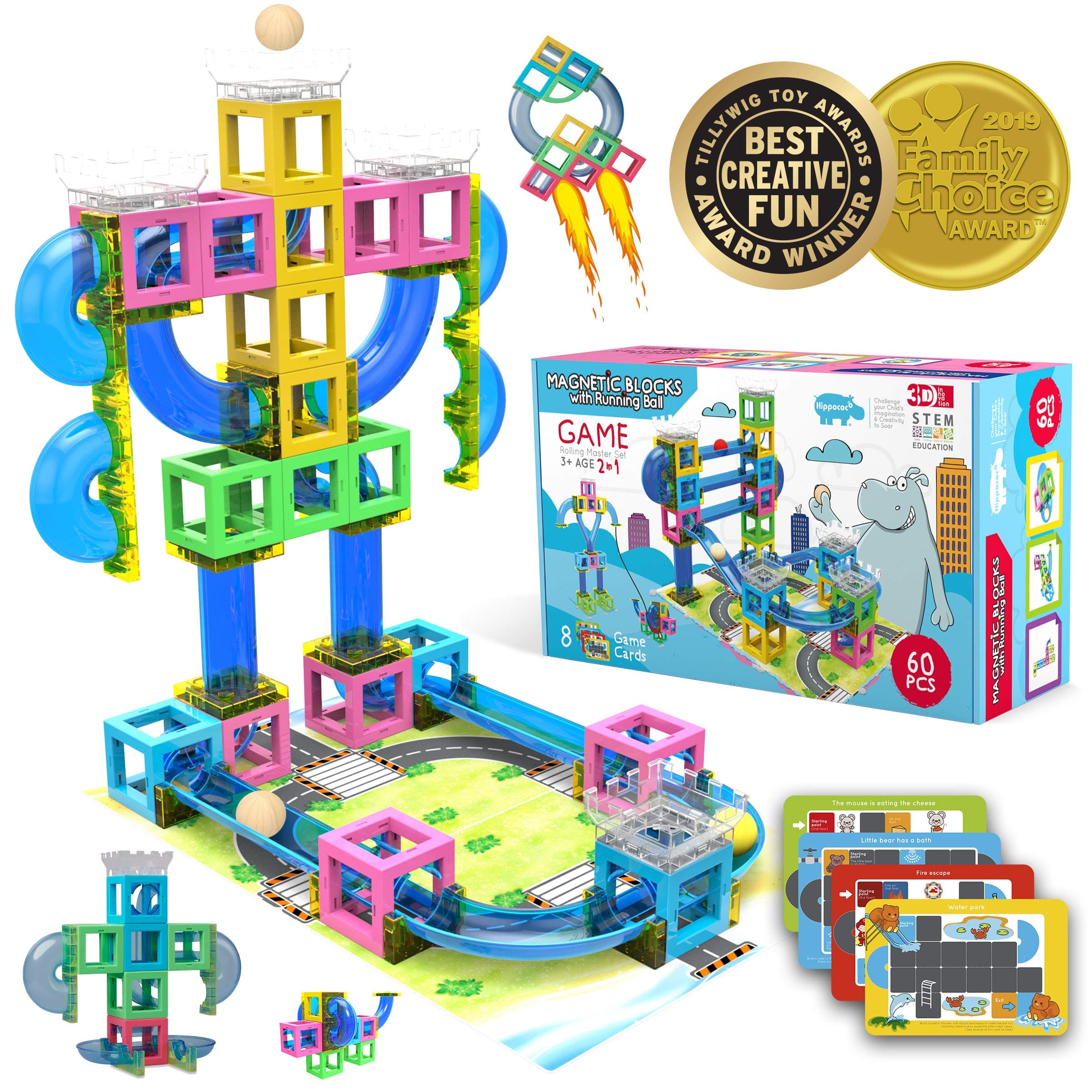 Magnetic 3D Building Blocks with Marble Run Game: New Innovative STEM Educational Toy for Boys/Girls, Durable, Sturdy & Safe Construction Set, Promote Kids Creativity & Imagination (60 PCS)