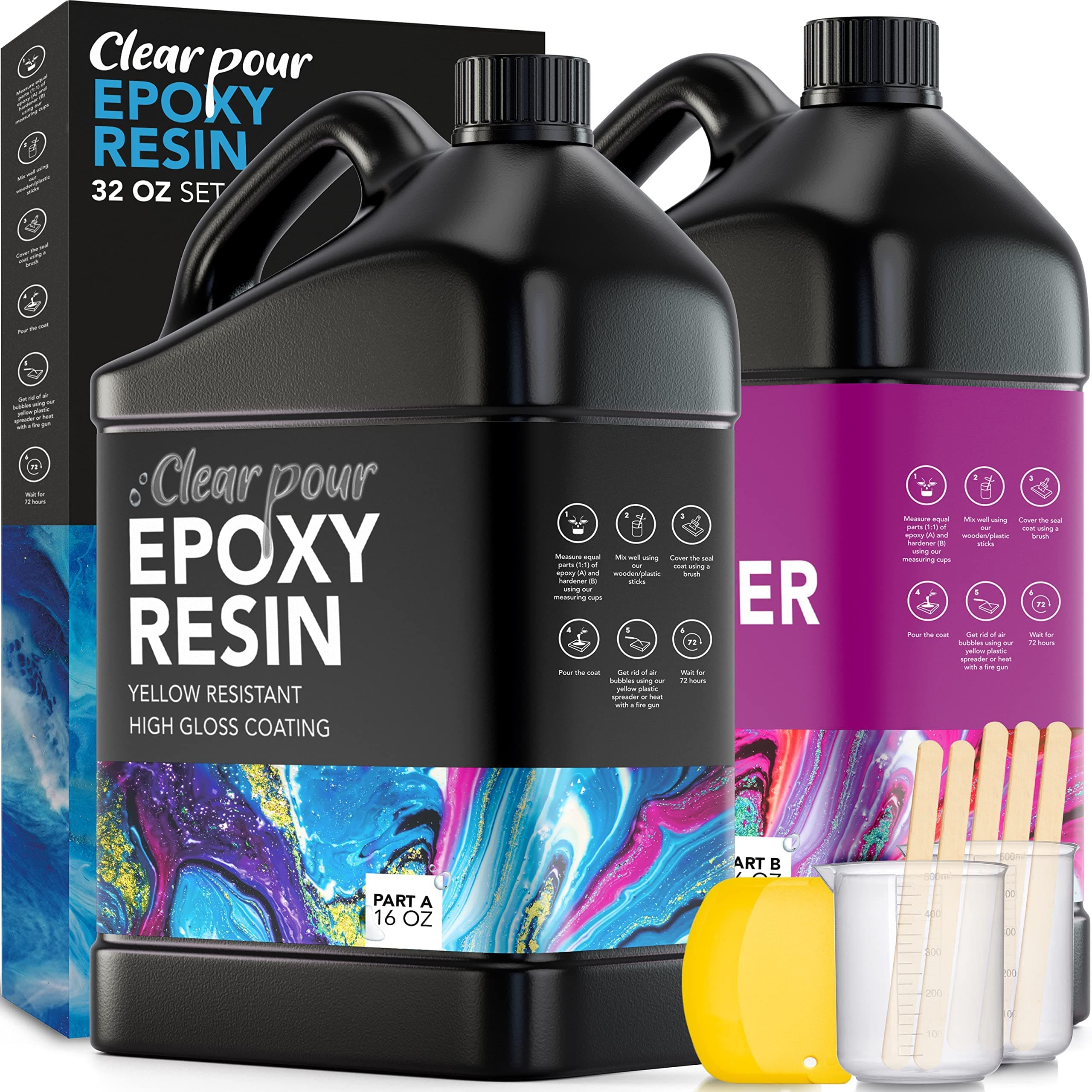 32oz Epoxy Resin Kit - Crystal Clear Epoxy Resin Kit - Art Resin, Craft, Jewelry Casting, DIY, Tumblers, Wood & Resin Molds (16oz x 2)
