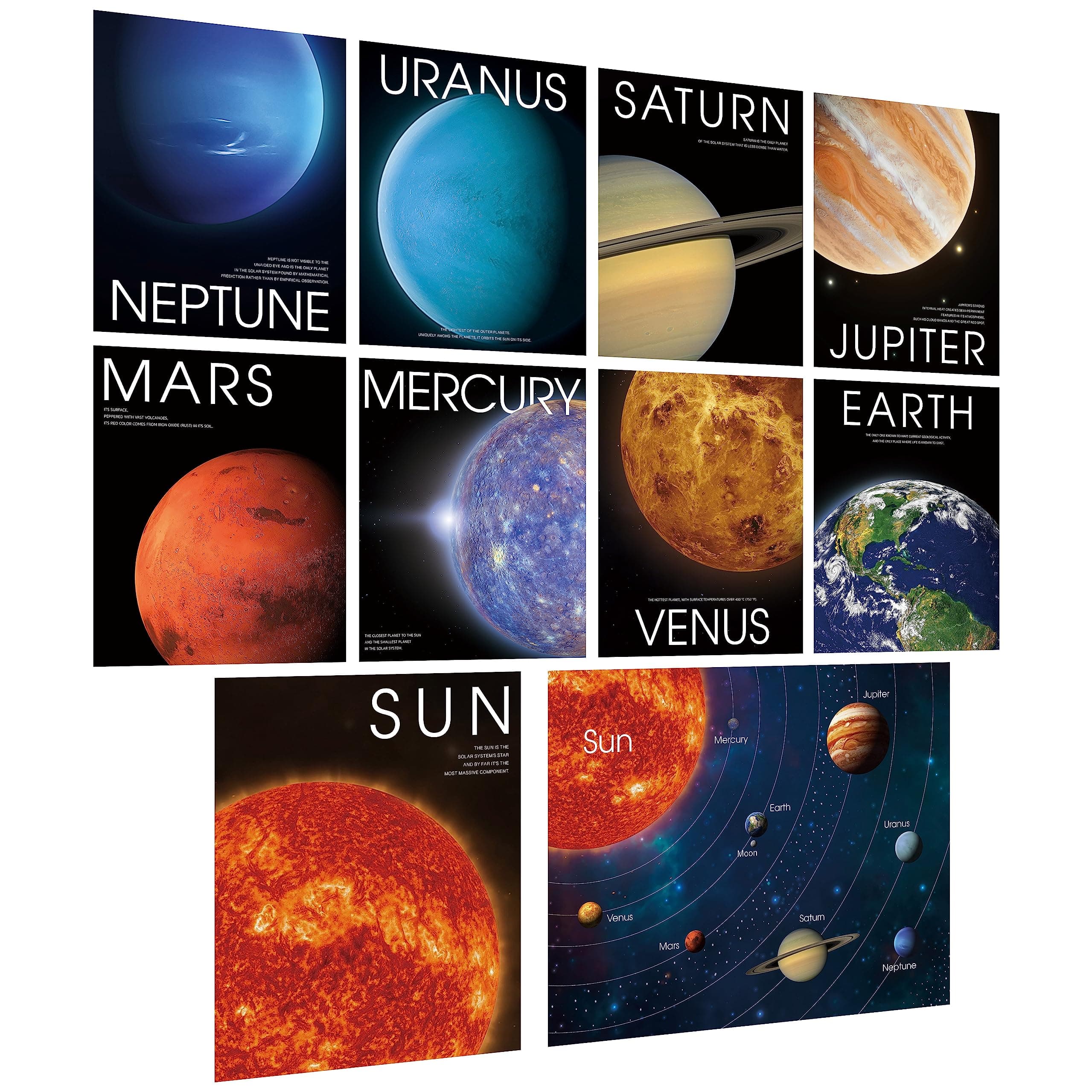 10 Solar System Posters, Early Learning with PET Film, Thick Cardstock Space Planets Posters Teaching Wall Art for Office Classroom School (10' x 8')