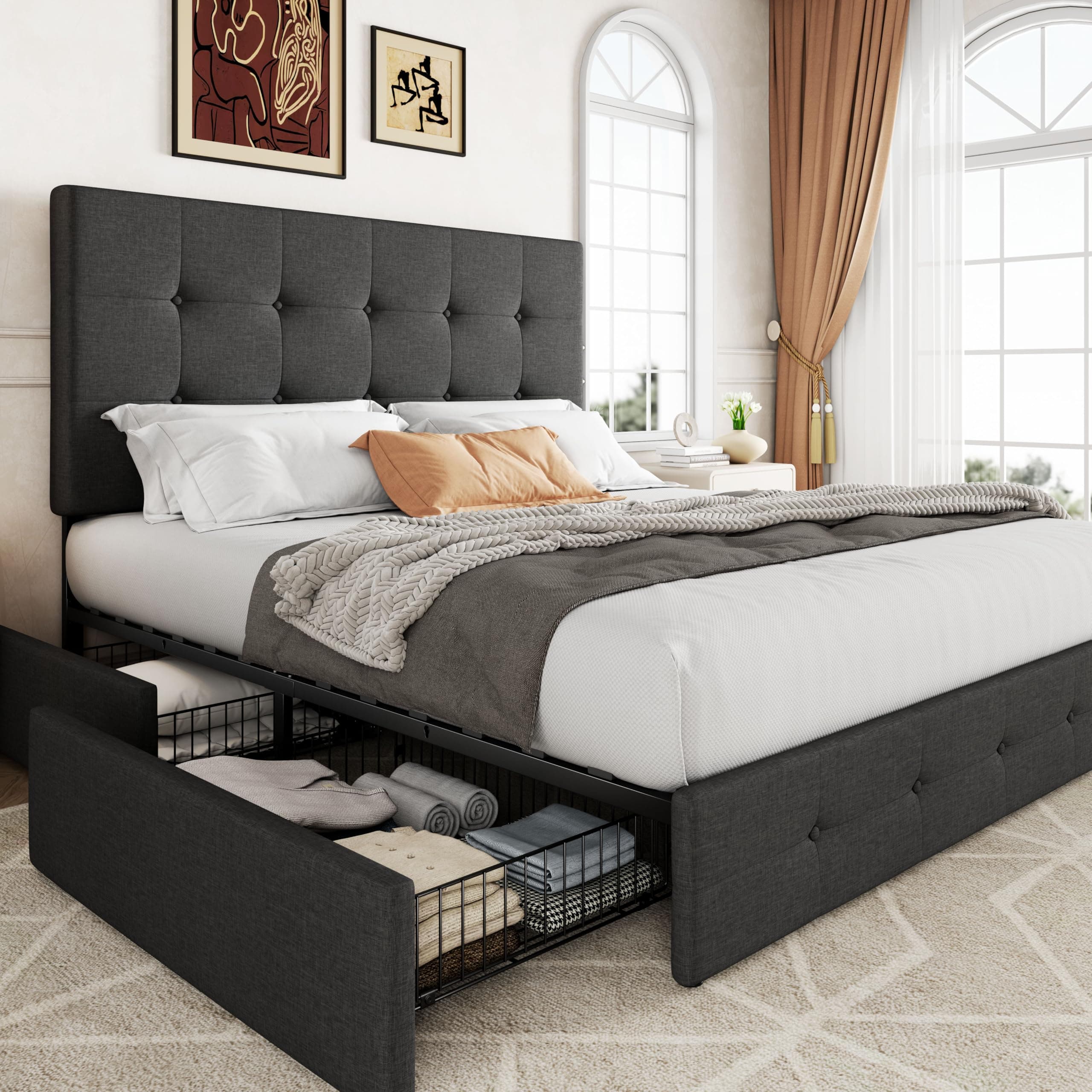 Allewie Upholstered Queen Size Platform Bed Frame with 4 Storage Drawers and Headboard, Square Stitched Button Tufted, Mattress Foundation with Wooden Slats Support, No Box Spring Needed, Dark Grey