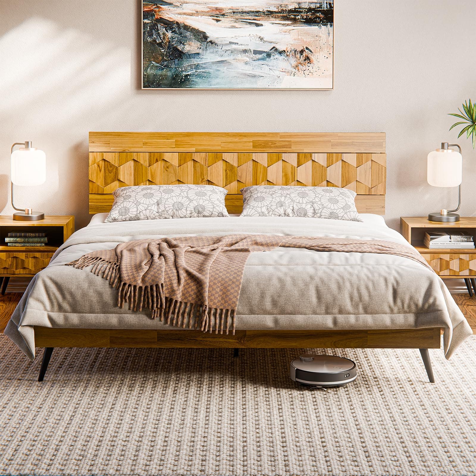 Bme Georgina Signature Bed Frame with Handcrafted Geometric Headboard, Mid Century Modern, Solid Acacia Wood, No Box Spring Needed, 12 Strong Wood Slats Support, Easy Assembly, Teak Brown, King