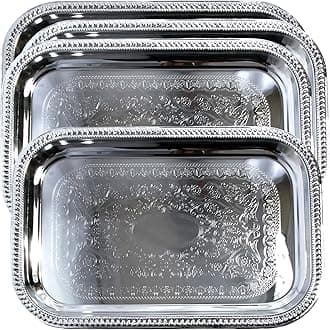 20.7-Inch x 14-Inch Oblong Rectangular Trim Floral Pattern Engraved Catering Chrome Plated Serving Plate Mirror Tray Platter Multi-Purpose Party Art Deco (Silver-Large) T156l-4pk