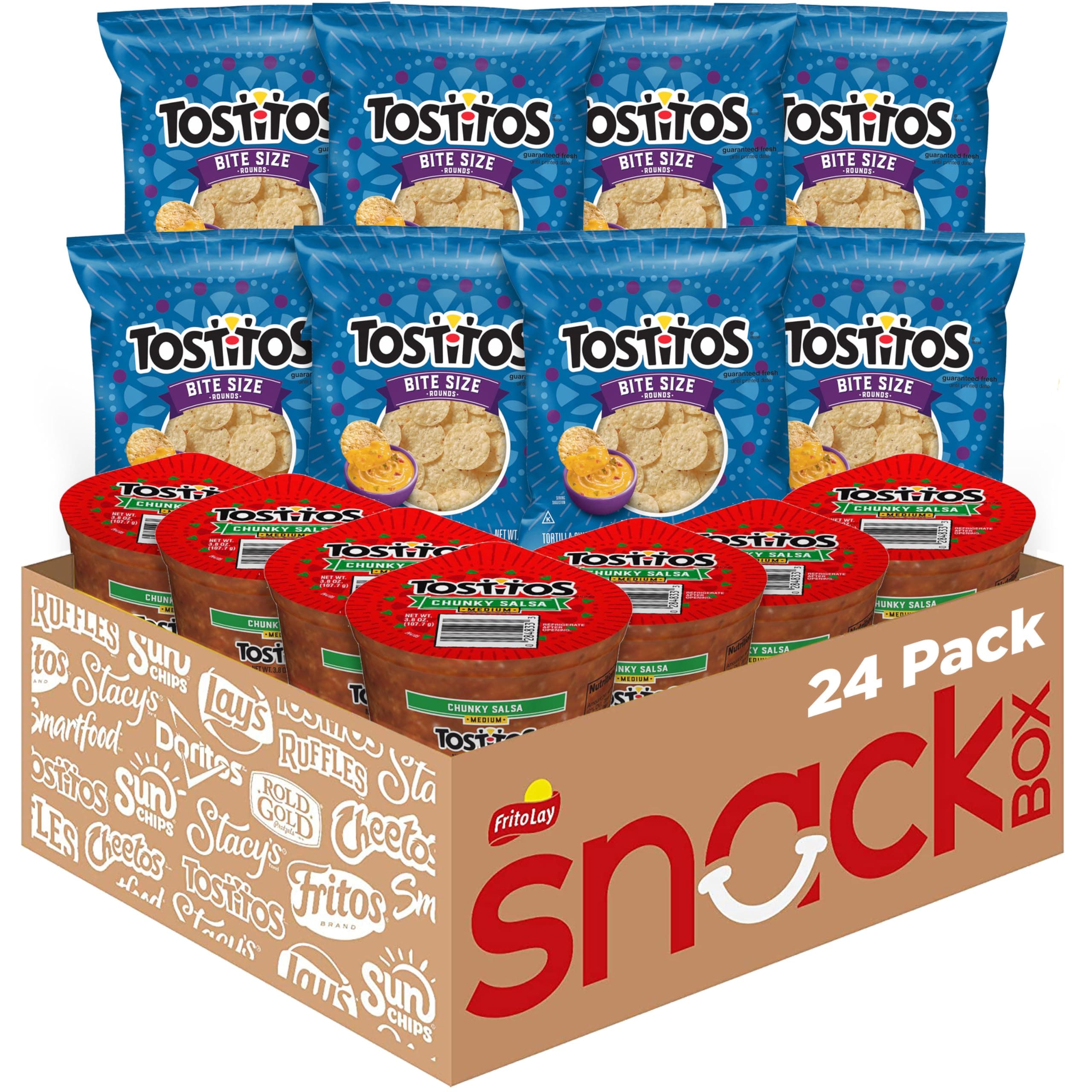 Frito Lay Tostitos Bitesize Rounds Chips and Salsa Dip Cups Variety Pack, (Pack of 24), Vegetarian, Blue