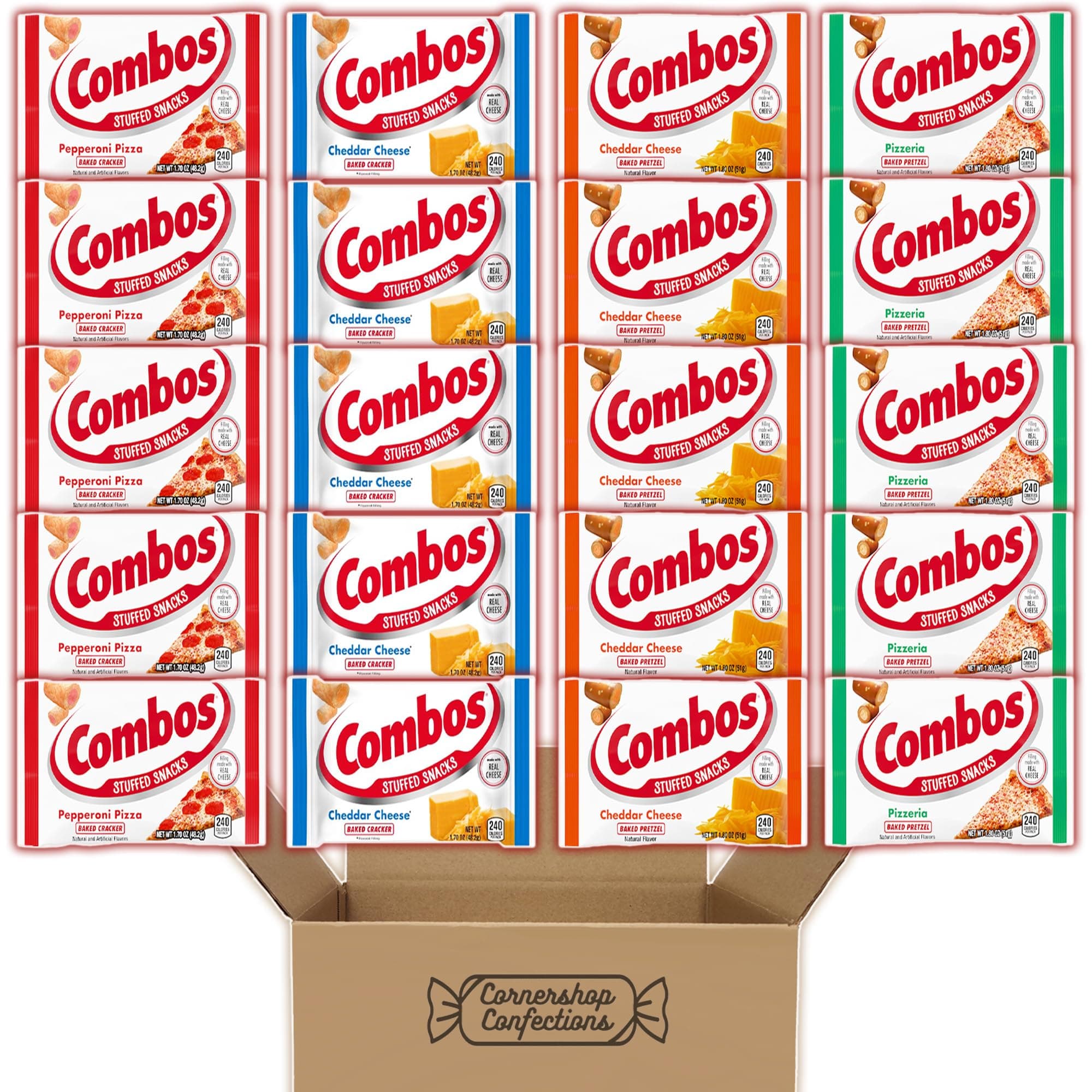 Combos Stuffed Snack 20 Bag 4 Flavor Bulk Variety Share Pack - Pepperoni Pizza Baked Cracker, Cheddar Cheese Pretzel, Pizzeria Baked Pretzel, Cheddar Cheese Baked Cracker In Cornershop Confections Box