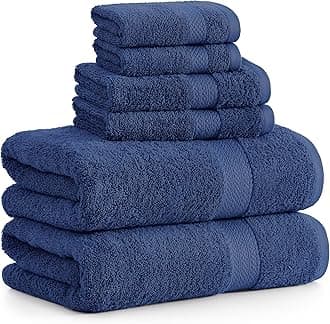 100% Cotton Bathroom Towel Set - 6 Pieces - Ring Spun, Super Soft & Highly Absorbent - 2 Bath, 2 Washcloths, 2 Hand Towels for Bathroom - Minimal Lint & Fading, Pre Shrunk - Navy Blue