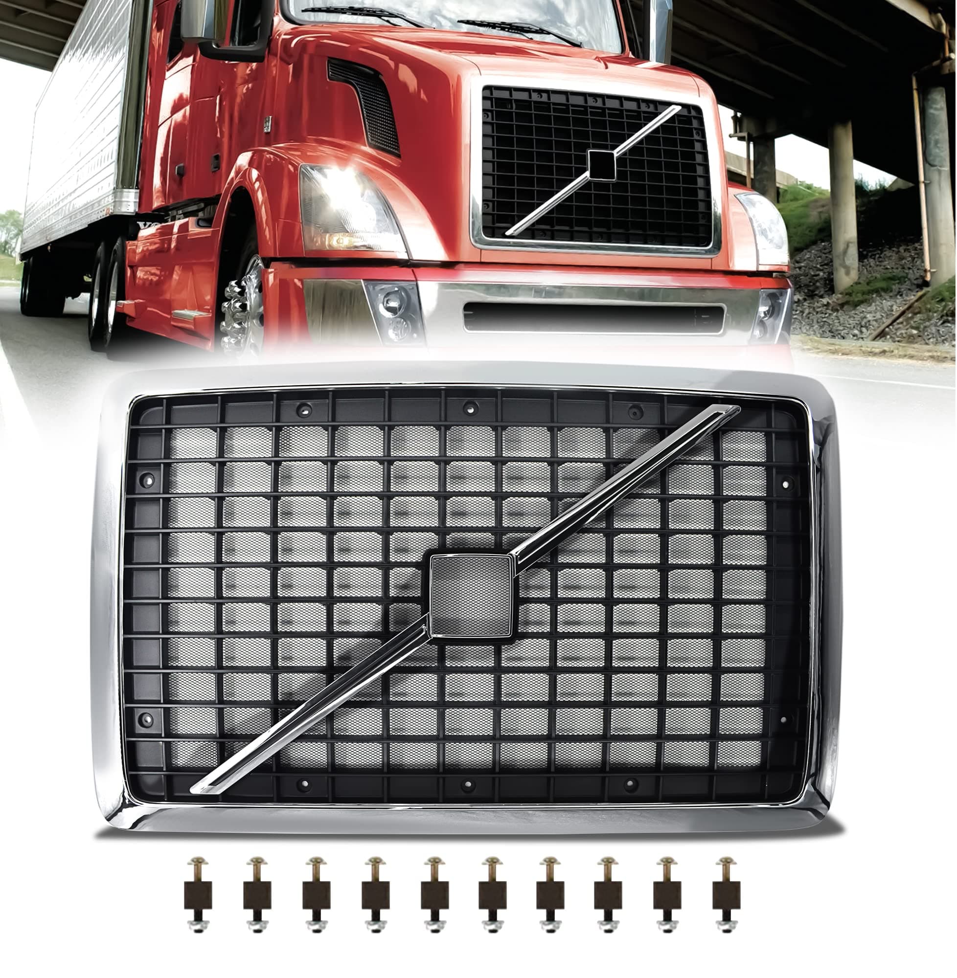 TORQUE Replacement Chrome Grill Grille for 2004-2017 Volvo VNL Semi Trucks with Bug Screen and Stripe (TR003)