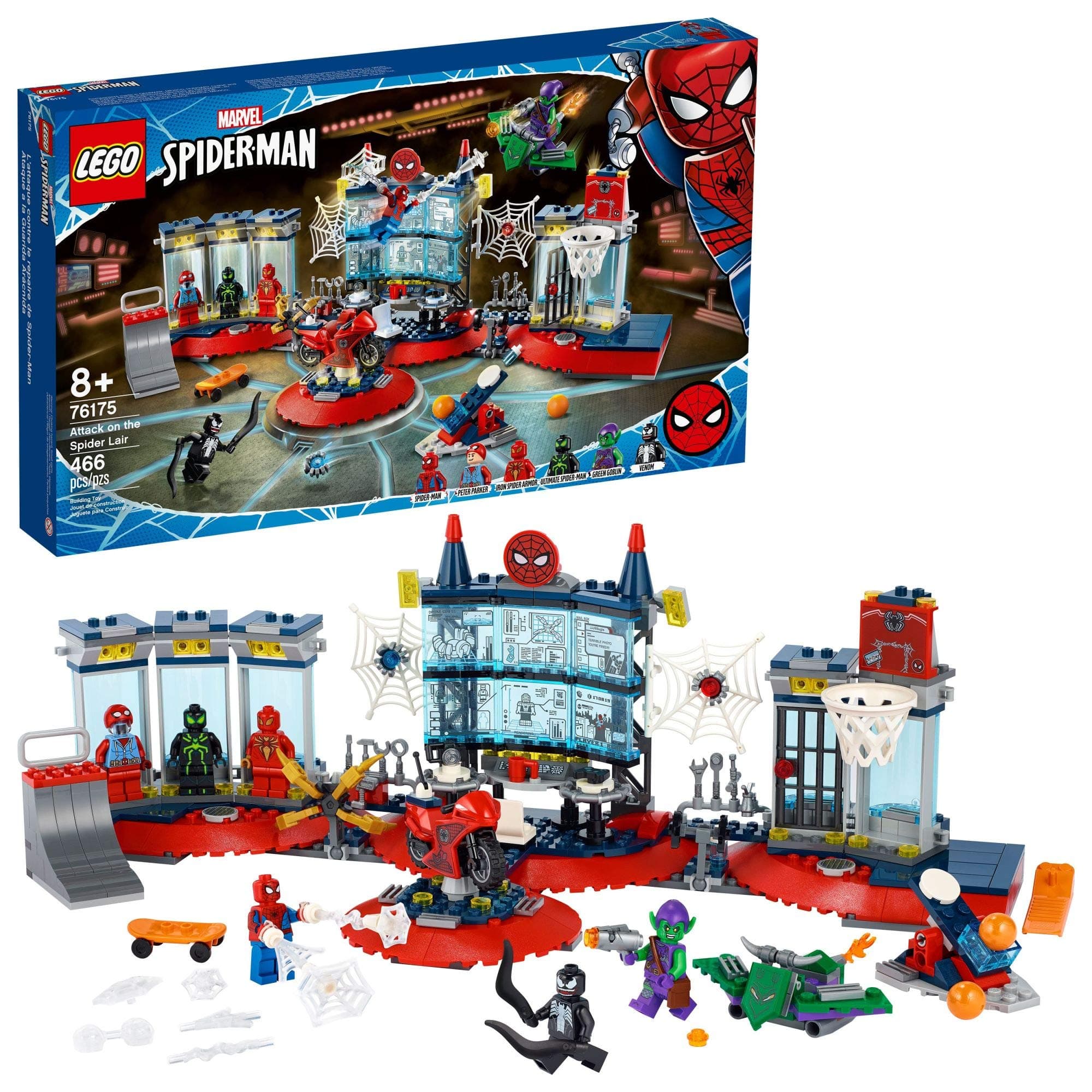 LEGO Marvel Spider-Man Attack on The Spider Lair 76175 Cool Building Toy, Featuring The Spider-Man Headquarters; Includes Spider-Man, Green Goblin and Venom Minifigures, New 2021 (466 Pieces)