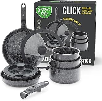 GreenLife 10 Piece Ceramic Pots and Pans Set, Nonstick Detachable & Stackable Cookware Set, Induction Kitchen Pans, Space Saving with Removable Handle, Oven Safe, Non Toxic PFAS-Free, Speckled Black