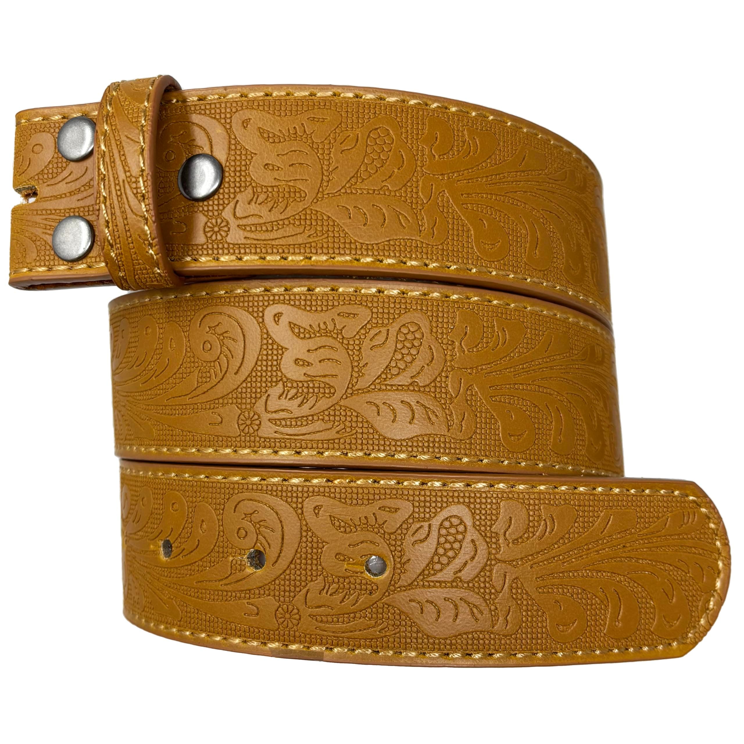 Leather Belt Strap with Embossed Western Scrollwork 1.5" Wide with Snaps