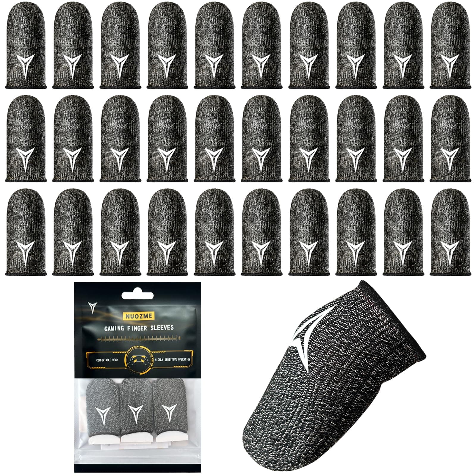 30 Pack Gaming Finger Sleeves for Mobile Gaming, 0.3mm Silver Fiber, Smooth Operation, Anti-Sweat, Extremely Thin, Nuozme Finger Sleeves Fit Mobile Phone Tablet Devices(Black)